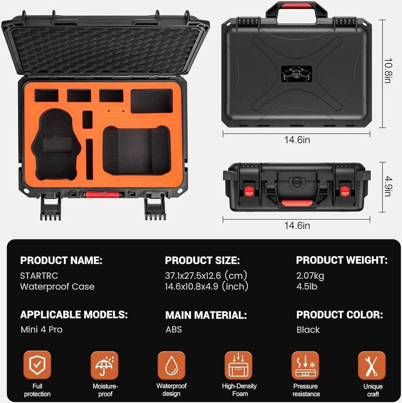 Alt view image 7 of 7 - Mini 4 Pro Waterproof Hard Case - Secure Carrying Bag for DJI Mini 4 Pro Fly More Combo Drone Accessories - Sturdy and Water-Resistant Storage for DJI RC 2/RC-N2