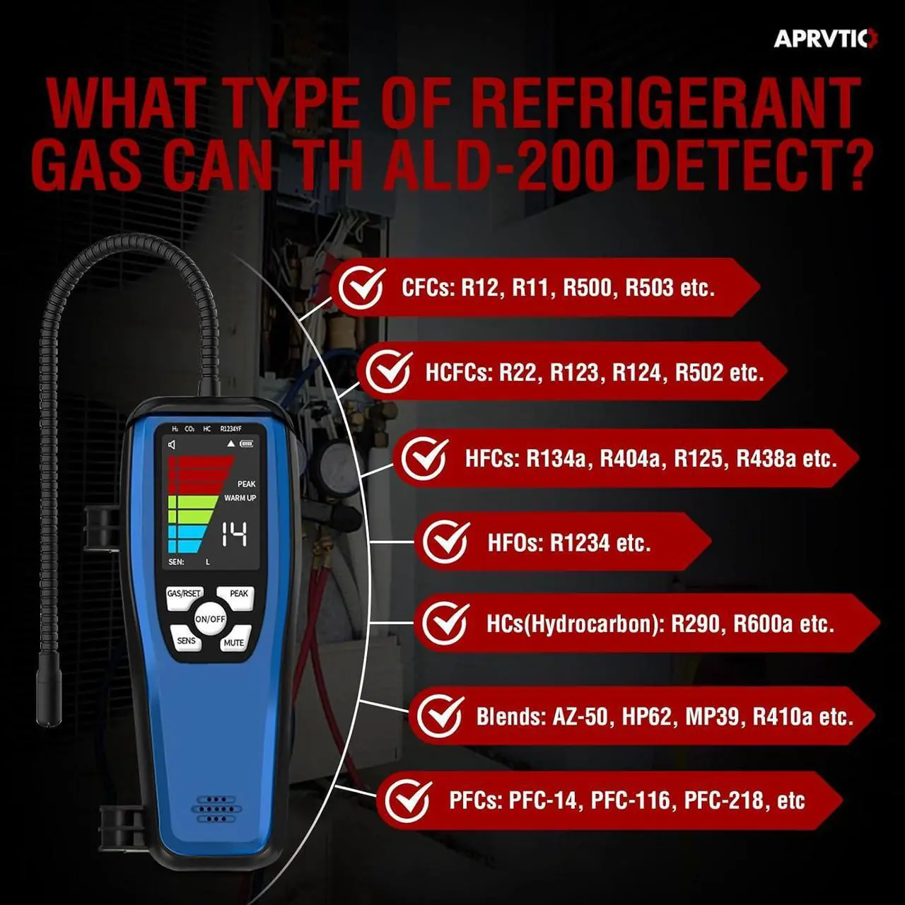 Alt view image 4 of 7 - Aprvtio ALD-200 ASHP Freon Leak Detector Battery Powered, Freon Sniffer Automotive Halogen Gas Leak Detector Detect R22, R134a, R415b, R417a CFCs HCFCs HFCs HCs