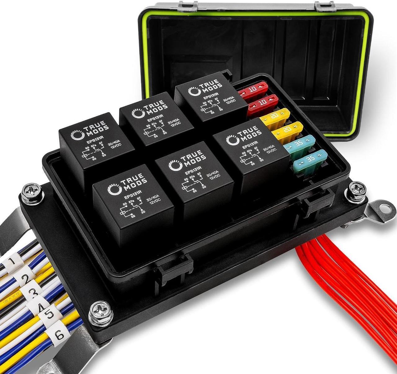 Main image of 12V Auto Waterproof Fuse 5-Pin Relay Box Block Kit w/ 12AWG + 16AWG Pre-Wired Harness [Bosch Style Relays & Fuses] Universal Relay Panel for DC Automotive Vehicles Cars Marine Boat Jeep UTV