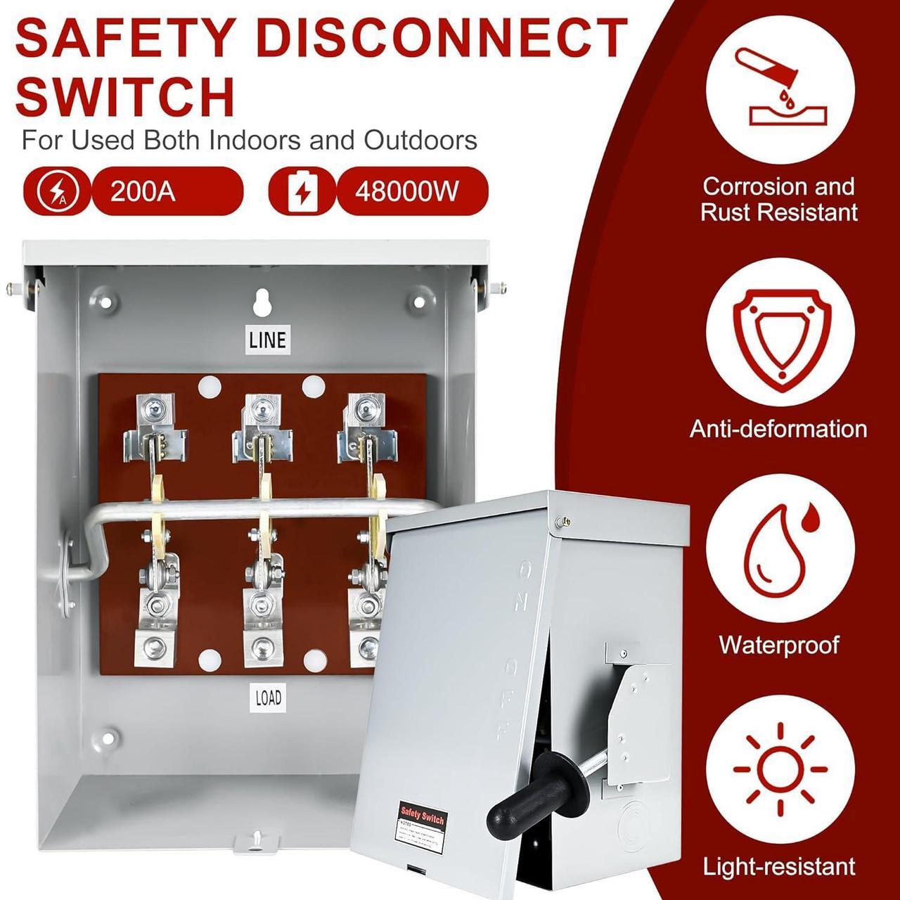 Alt view image 2 of 7 - 200-Amp, 3 Pole 120V/240V General Safety Switch, Non-Fused AC Disconnect Switch Box, Outdoor&Indoor, NEMA-3R Enclosure, Anti Corrosion and Rust Prevention with Ground Kit (200A)