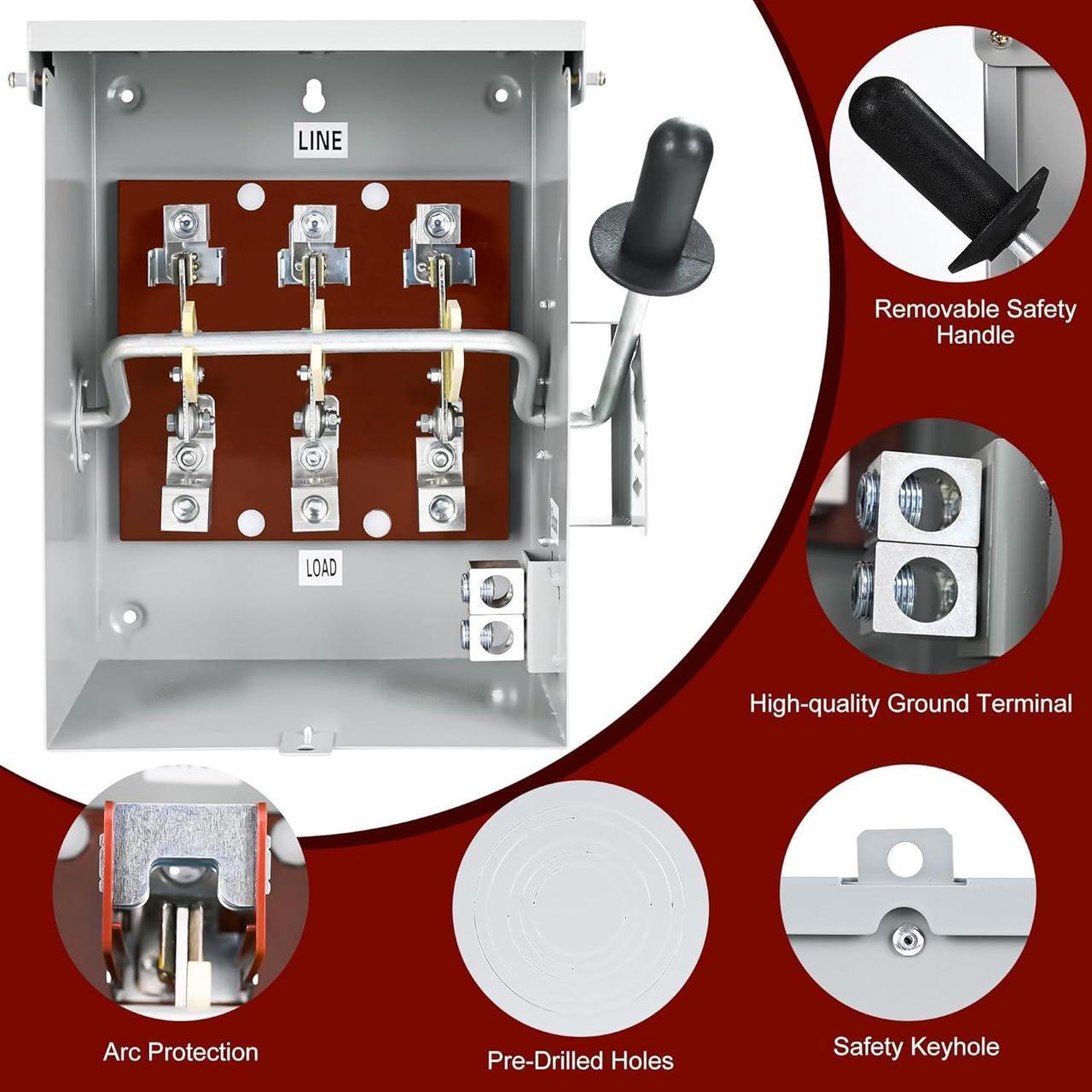 Alt view image 3 of 7 - 200-Amp, 3 Pole 120V/240V General Safety Switch, Non-Fused AC Disconnect Switch Box, Outdoor&Indoor, NEMA-3R Enclosure, Anti Corrosion and Rust Prevention with Ground Kit (200A)