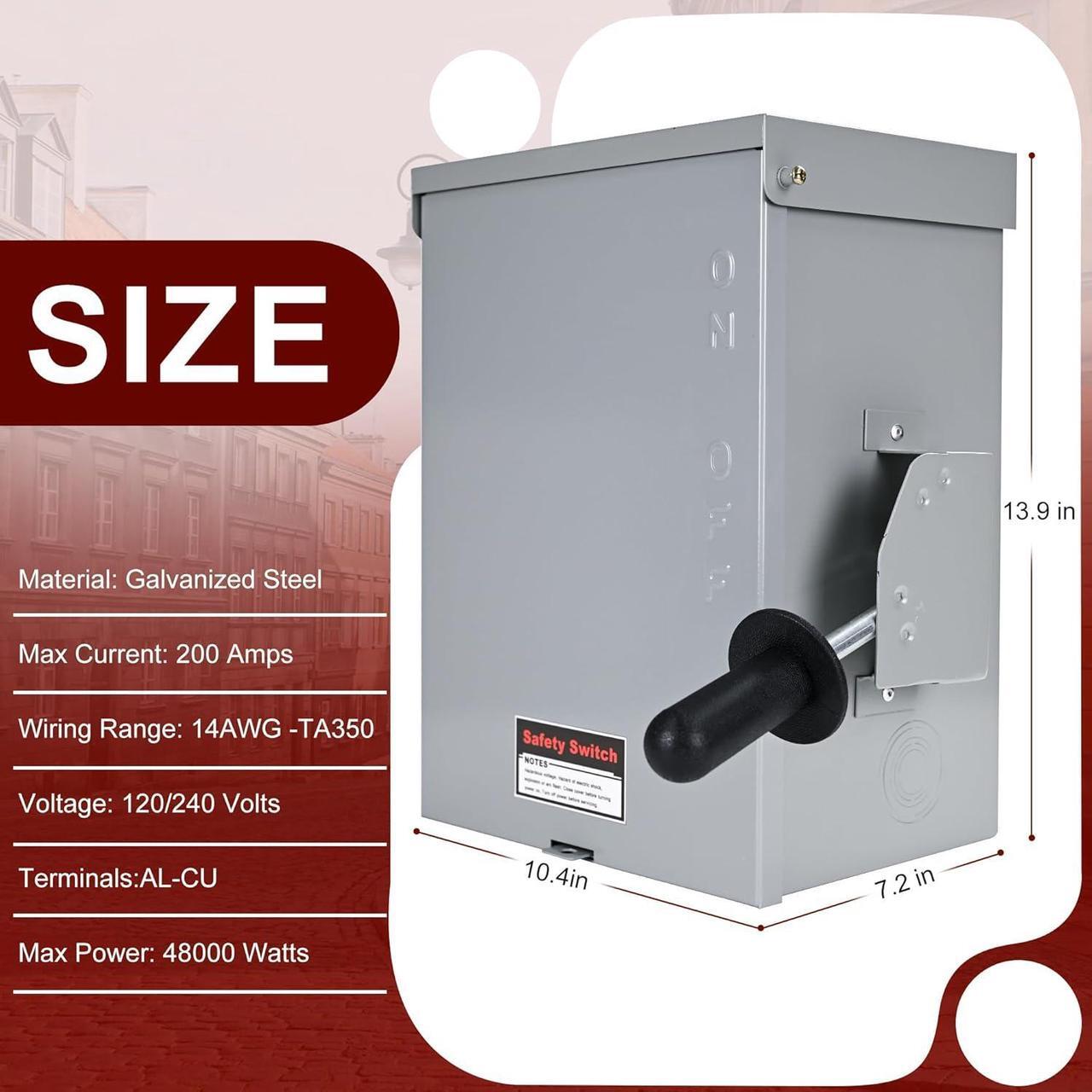 Alt view image 5 of 7 - 200-Amp, 3 Pole 120V/240V General Safety Switch, Non-Fused AC Disconnect Switch Box, Outdoor&Indoor, NEMA-3R Enclosure, Anti Corrosion and Rust Prevention with Ground Kit (200A)
