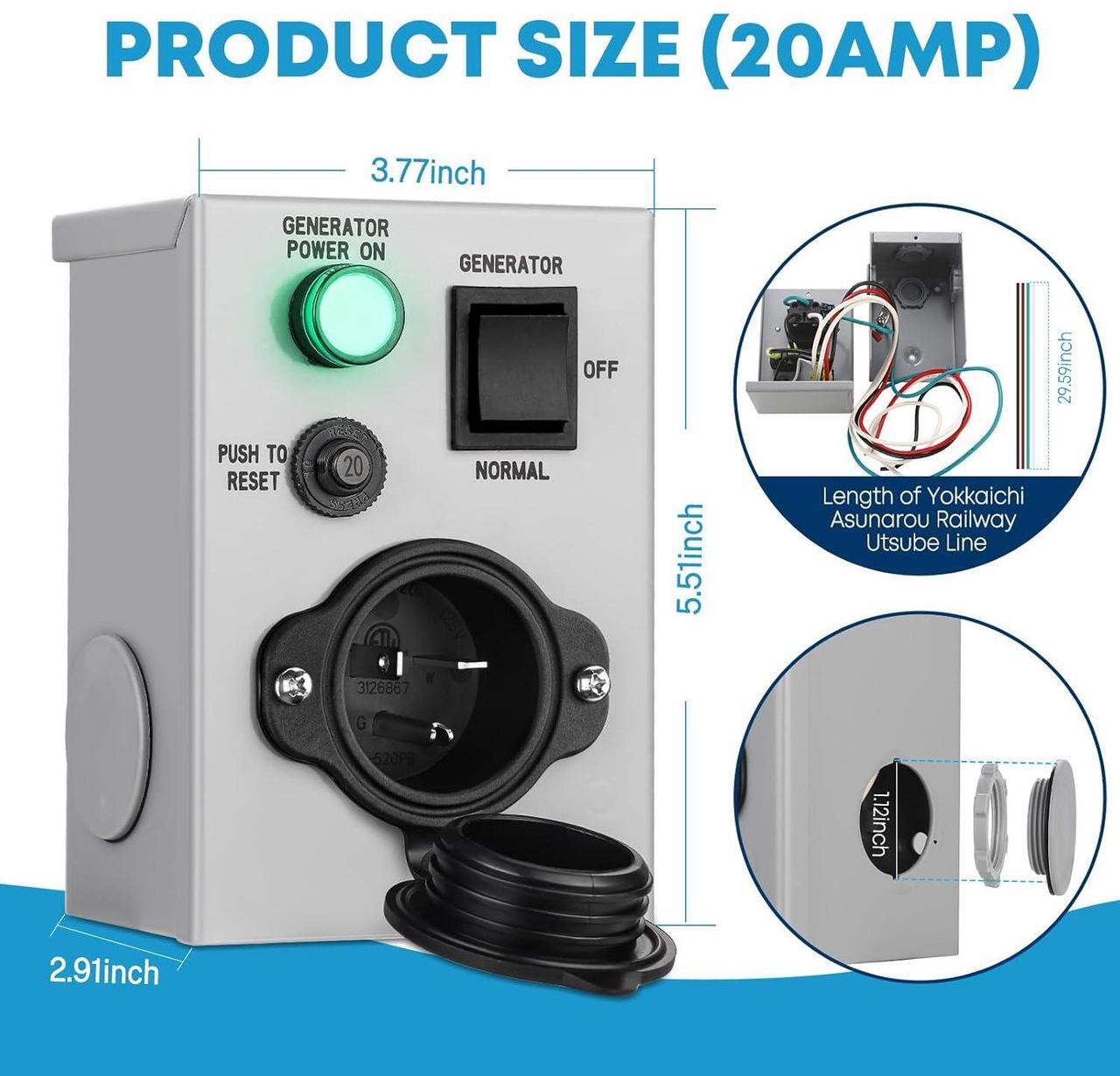 Alt view image 5 of 7 - 20 Amp Generator Transfer Switch 125V Power Inlet Box Weatherproof, NEMA 5-20P Inlet Circuit Breaker, Predrilled Manual Transfer Switcher Power Inlet Box for Indoor Outdoor Use, ETL Listed