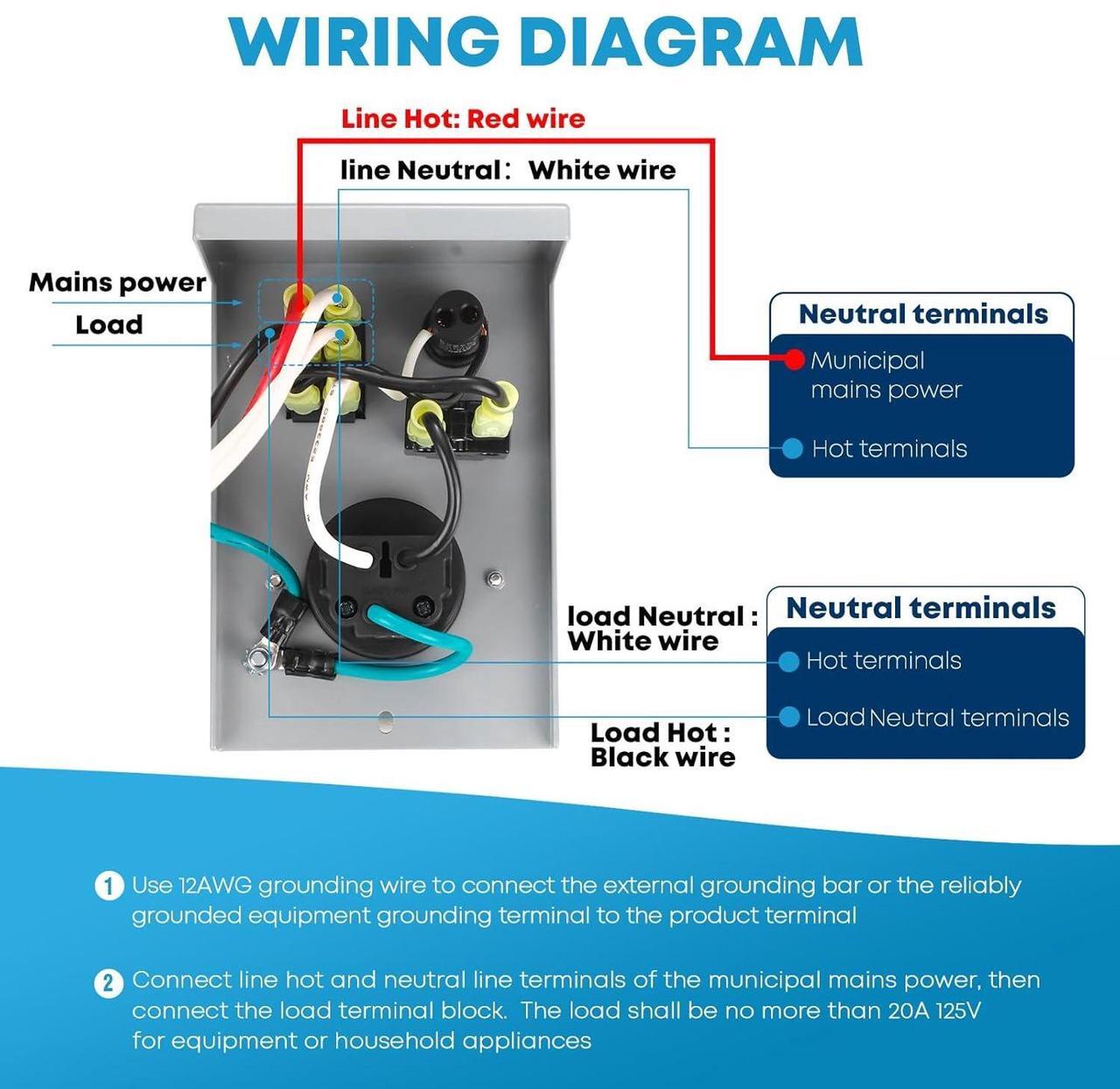 Alt view image 6 of 7 - 20 Amp Generator Transfer Switch 125V Power Inlet Box Weatherproof, NEMA 5-20P Inlet Circuit Breaker, Predrilled Manual Transfer Switcher Power Inlet Box for Indoor Outdoor Use, ETL Listed