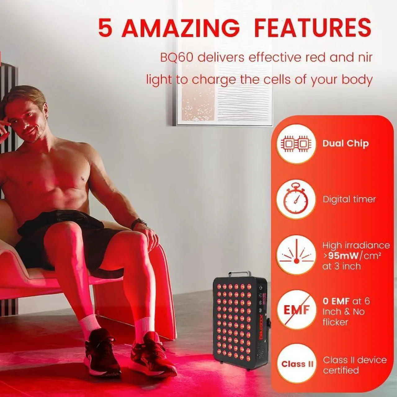 Alt view image 4 of 7 - Red Light Therapy, Dual Chip Clinical Grade LED Device with Near-Infrared Light 660nm 850nm High Power Panel, Ideal for Body, Face, Recovery, Improve Sleep, Skin Health, 105W (Black 60)