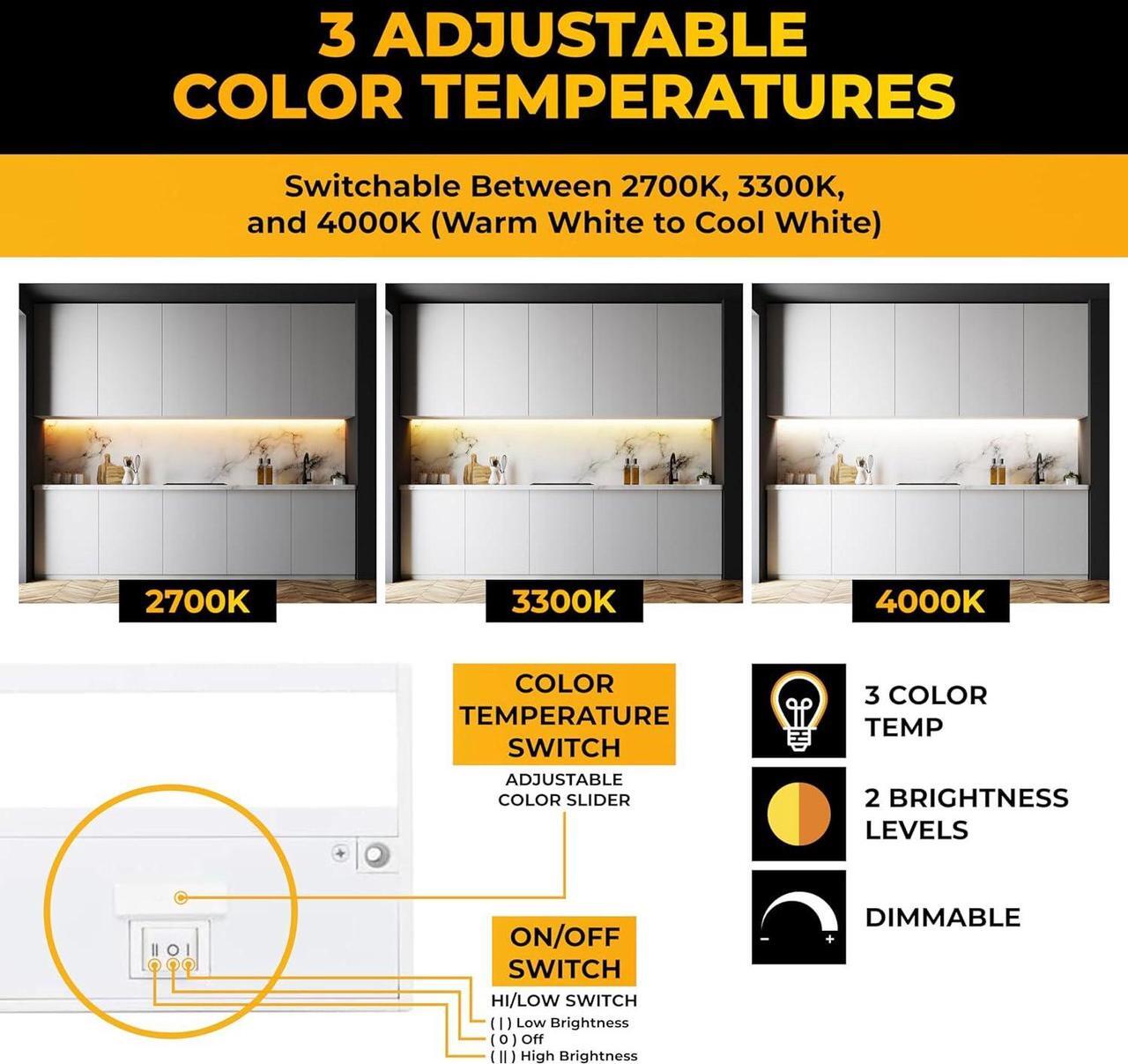 Alt view image 3 of 7 - LED Under Cabinet Lighting Hardwired - 3CCT 12 Inch White Finish - Undercabinet Lights for Kitchen - Linkable Undercounter Dimmable Plug in Light or Hard Wired - Under Counter Fixture Direct Wire