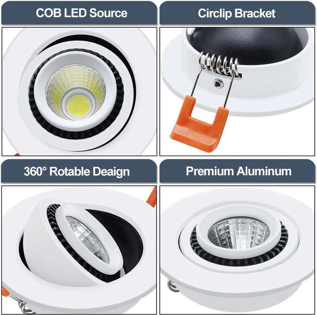 Alt view image 4 of 6 - 3 Inch Eyeball Gimbal LED Recessed Lighting Dimmable Downlight, 5W (50W Halogen Equivalent) Adjustable Spotlight, 3000K Warm White, CRI80, Ceiling Light with LED Driver (4 Pack)
