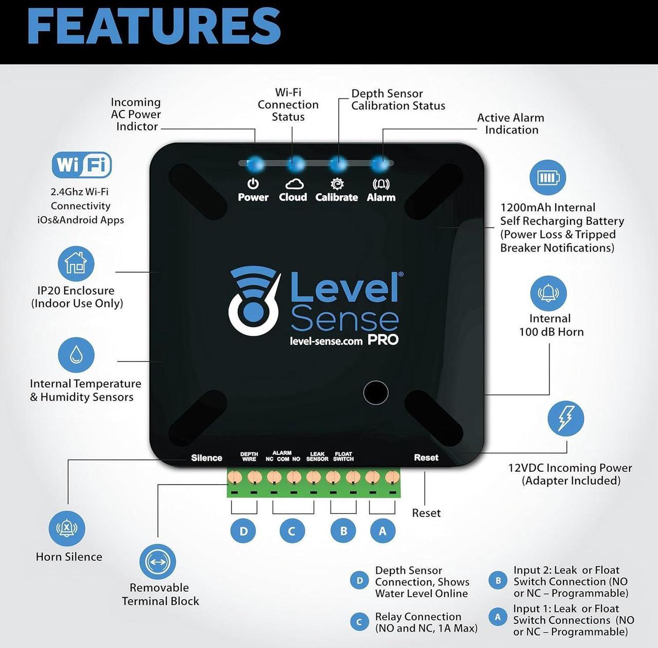Alt view image 2 of 7 - Wi-Fi Enabled Sump Pump Alarm, Features Include: High Water Alarm, Water Leak Detector, Power Failure Alarm, WiFi Temperature Sensor, Water Sensor Alarm