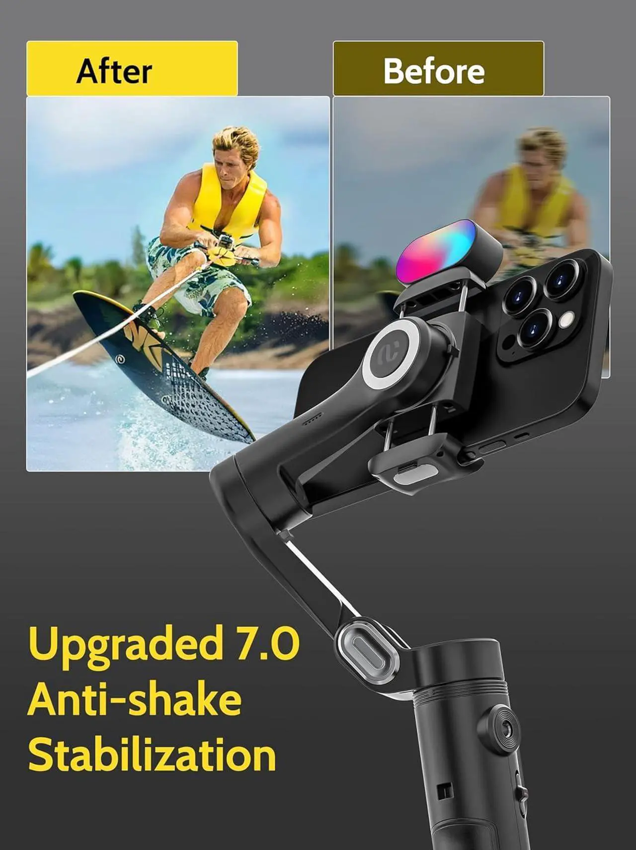 Alt view image 2 of 7 - Gimbal Stabilizer for iPhone & Android w/RGB Light, Handheld Phone Gimbal for Video Recording w/AI Tracking,1/4 Thread, Extendable Tripod, Padded Carry Bag(Smart X Complete Combo1)