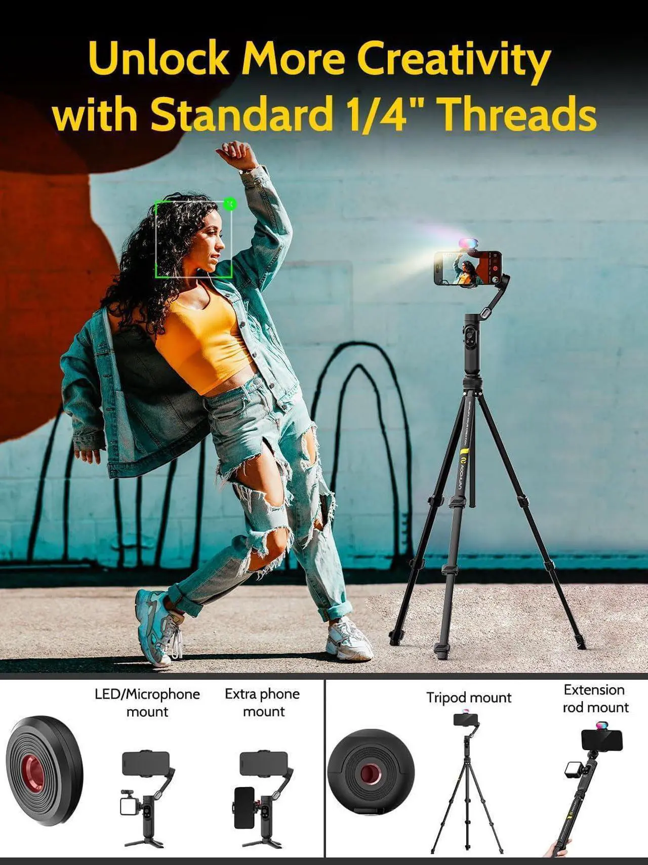 Alt view image 3 of 7 - Gimbal Stabilizer for iPhone & Android w/RGB Light, Handheld Phone Gimbal for Video Recording w/AI Tracking,1/4 Thread, Extendable Tripod, Padded Carry Bag(Smart X Complete Combo1)
