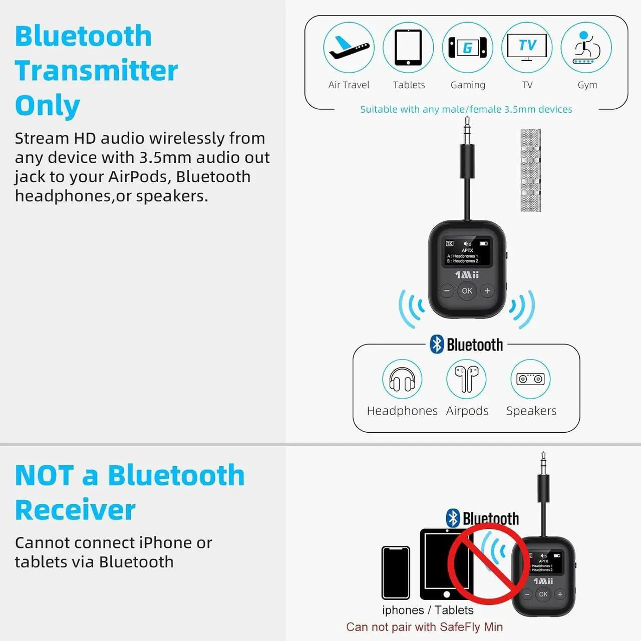 Alt view image 6 of 7 - Airplane Bluetooth 5.3 Transmitter for All Headphones - Bluetooth Adapter for TV - Dual Connection - aptX Low Latency - Flying Travel,Long Flight Essentials - Wireless Audio Aux for MP3,Game,PC-Black