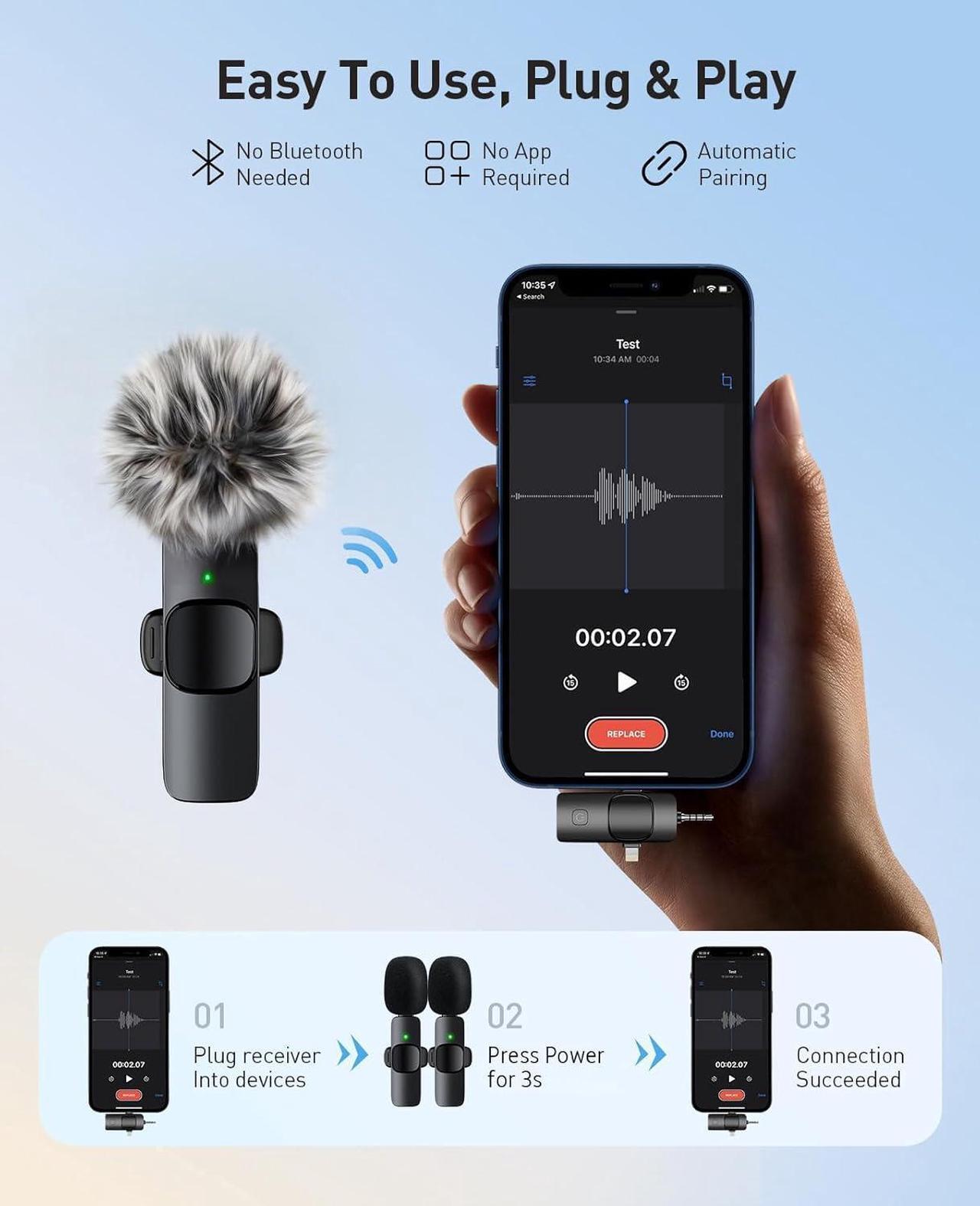 Alt view image 2 of 7 - Mini Microphone, 3 in 1 Wireless Lavalier Microphones for iPhone, iPad, Camera and Android Devices, Noise Reduction Lapel Mic, Clip on Mic for Video Recording Vlog, YouTube, Interview