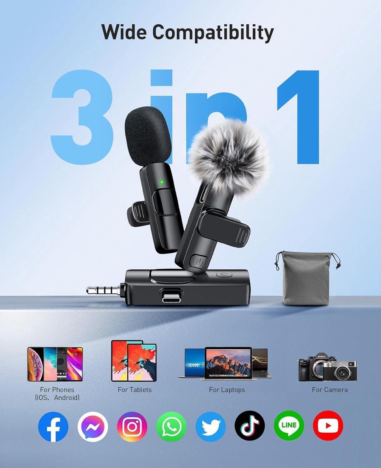 Alt view image 7 of 7 - Mini Microphone, 3 in 1 Wireless Lavalier Microphones for iPhone, iPad, Camera and Android Devices, Noise Reduction Lapel Mic, Clip on Mic for Video Recording Vlog, YouTube, Interview