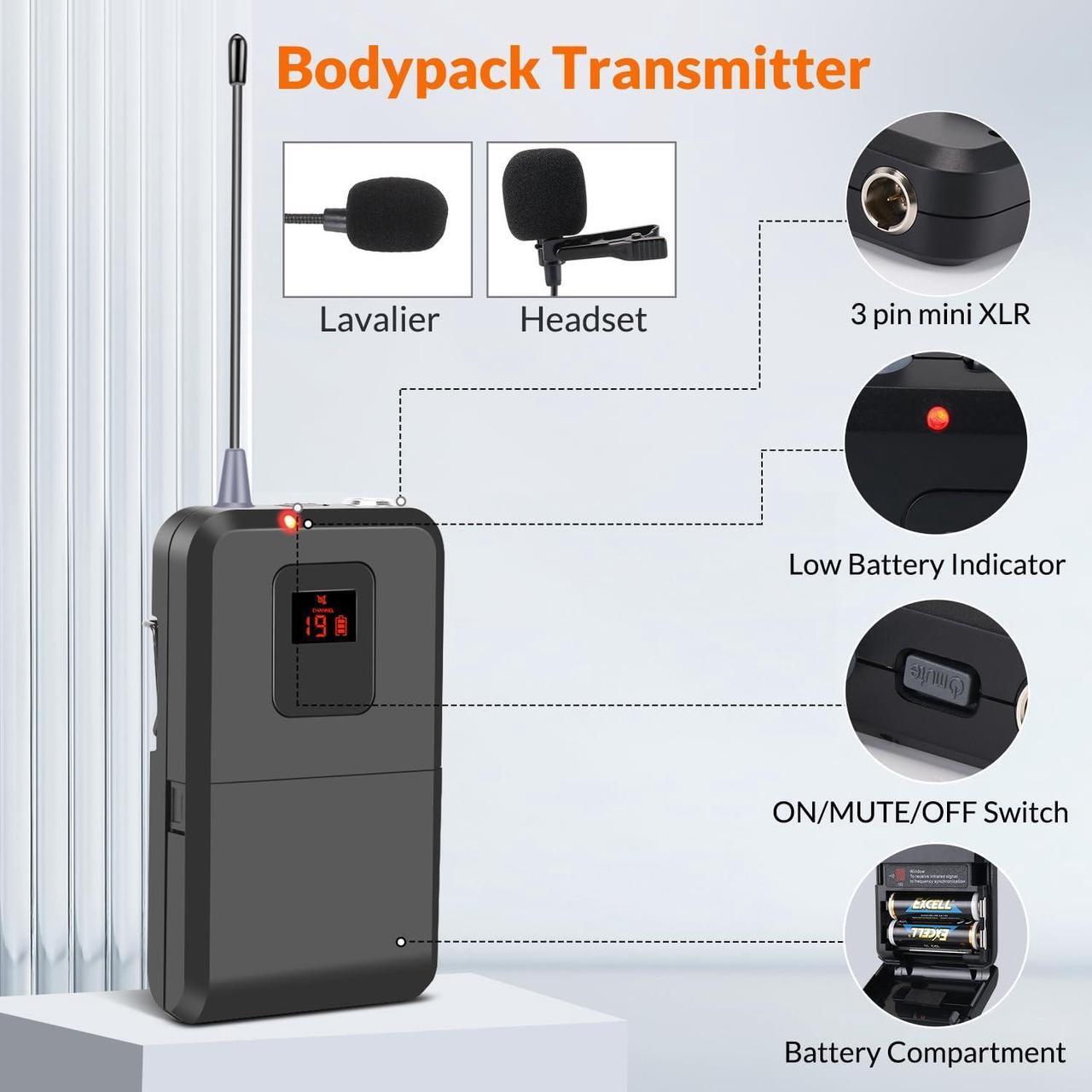 Alt view image 5 of 7 - 200-Channel Wireless Lavalier Microphone, Dual UHF Bodypack Cordless Lavalier Mic System Set, Auto Scan, Long Range 200-240Ft, 16 Hours Use Ideal for Speaking, Classroom 2023 333B