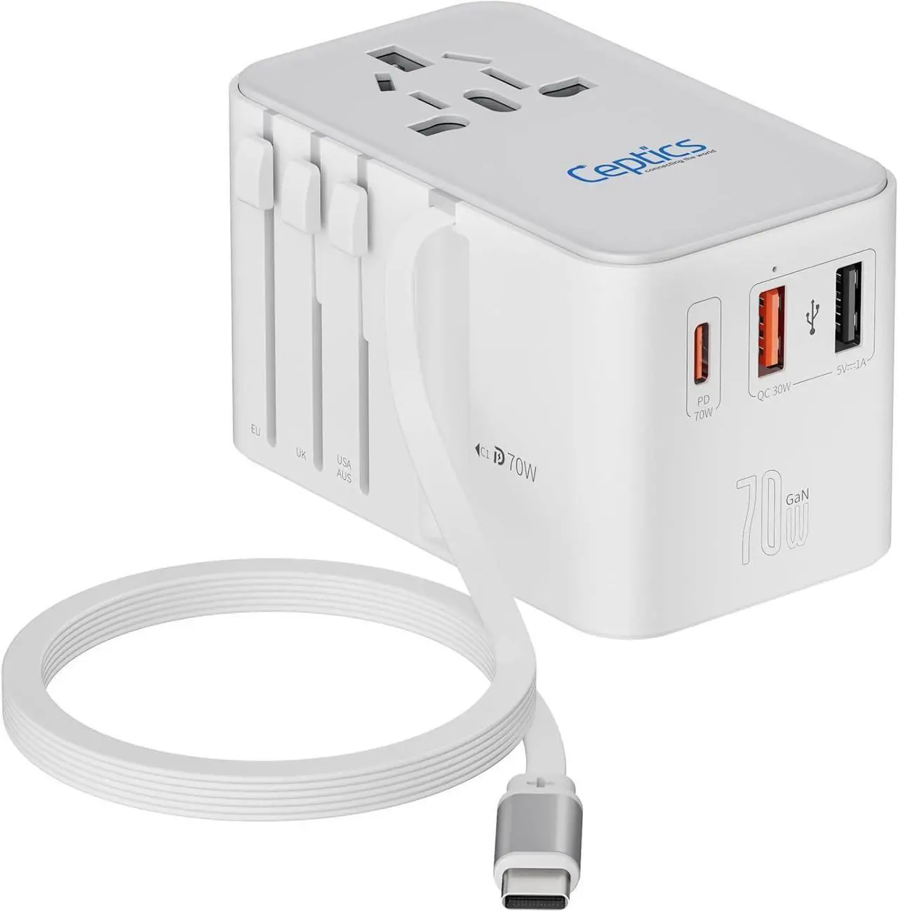 Main image of Universal Travel Adapter with 65cm Retractable USB-C Cable - 3x USB Ports (QC 3.0, PD 70W), Compatible with Type A, C, G, I Outputs