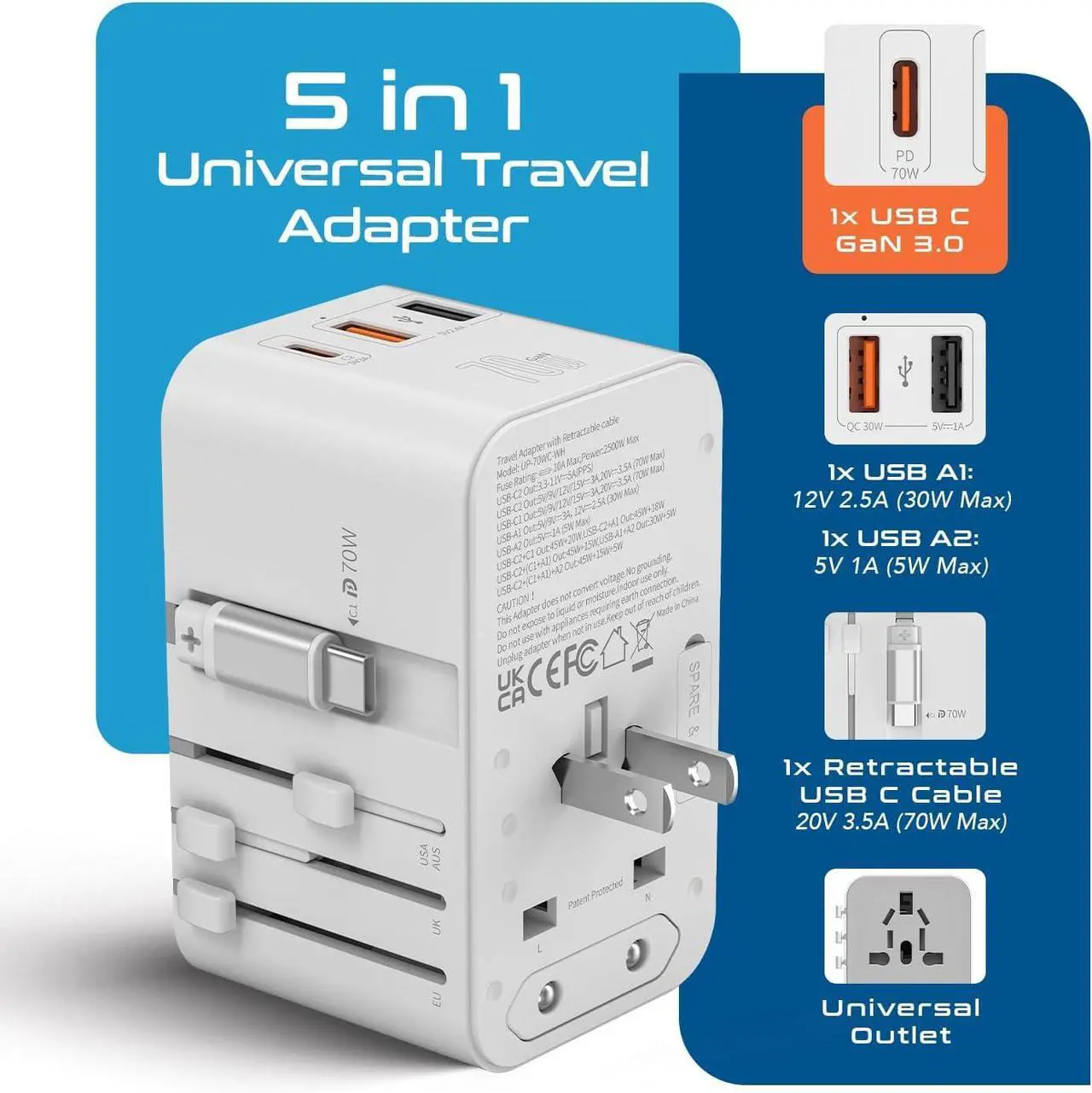 Alt view image 2 of 7 - Universal Travel Adapter with 65cm Retractable USB-C Cable - 3x USB Ports (QC 3.0, PD 70W), Compatible with Type A, C, G, I Outputs
