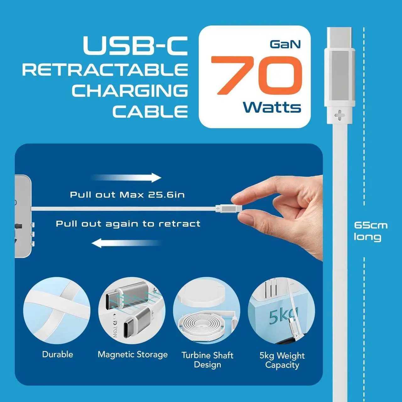 Alt view image 3 of 7 - Universal Travel Adapter with 65cm Retractable USB-C Cable - 3x USB Ports (QC 3.0, PD 70W), Compatible with Type A, C, G, I Outputs