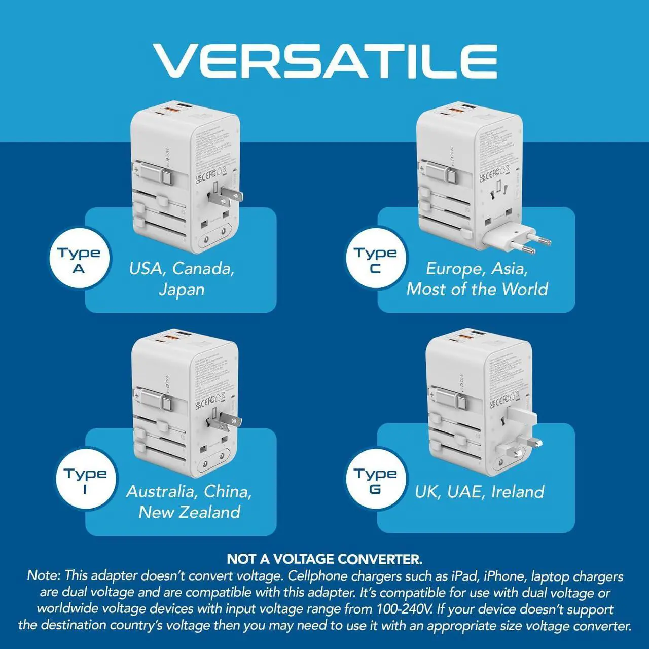 Alt view image 6 of 7 - Universal Travel Adapter with 65cm Retractable USB-C Cable - 3x USB Ports (QC 3.0, PD 70W), Compatible with Type A, C, G, I Outputs