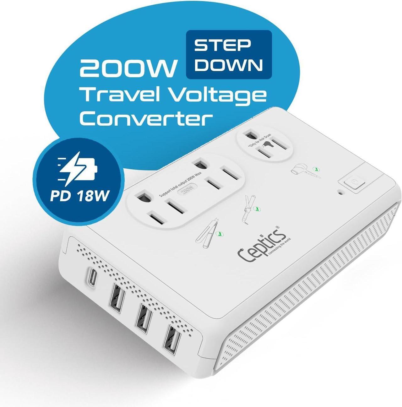 Alt view image 2 of 7 - Voltage Converter for Travel, 220V to 110V Converter w/Type C, E/F, G, I Plugs, 2000W Outlet for Hair Dryers, 4 USB w/ 1 USB-C PD 18W Fast Charge, for Curling Iron, Straightener, Chargers