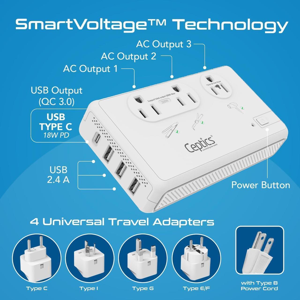 Alt view image 3 of 7 - Voltage Converter for Travel, 220V to 110V Converter w/Type C, E/F, G, I Plugs, 2000W Outlet for Hair Dryers, 4 USB w/ 1 USB-C PD 18W Fast Charge, for Curling Iron, Straightener, Chargers