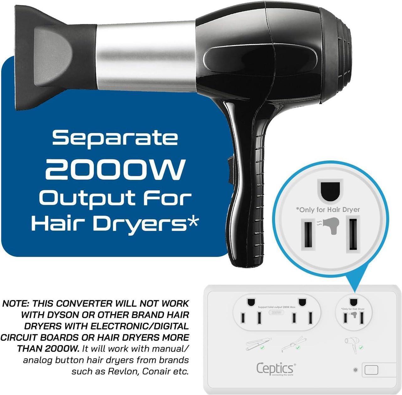 Alt view image 4 of 7 - Voltage Converter for Travel, 220V to 110V Converter w/Type C, E/F, G, I Plugs, 2000W Outlet for Hair Dryers, 4 USB w/ 1 USB-C PD 18W Fast Charge, for Curling Iron, Straightener, Chargers
