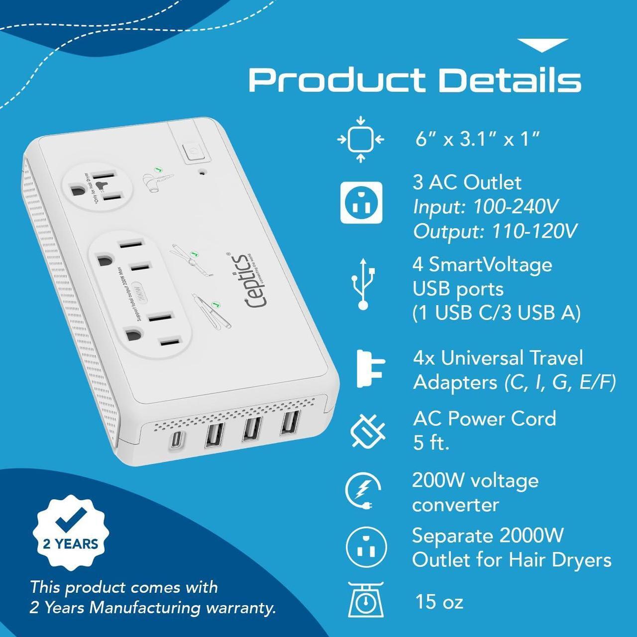 Alt view image 6 of 7 - Voltage Converter for Travel, 220V to 110V Converter w/Type C, E/F, G, I Plugs, 2000W Outlet for Hair Dryers, 4 USB w/ 1 USB-C PD 18W Fast Charge, for Curling Iron, Straightener, Chargers