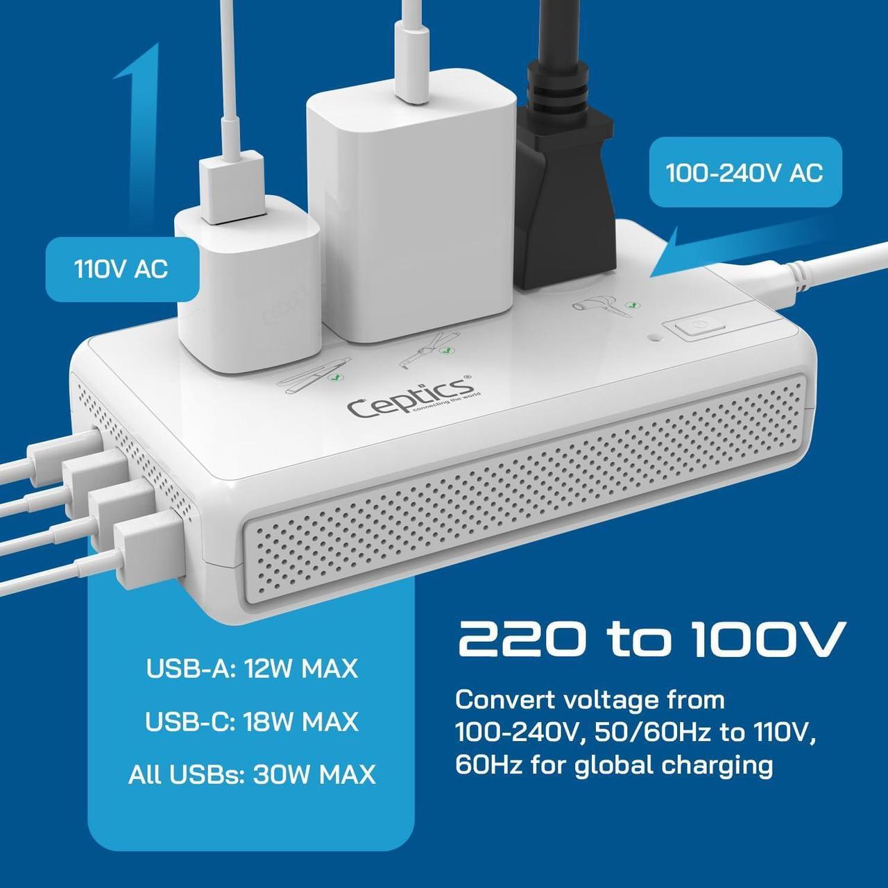 Alt view image 5 of 7 - Voltage Converter for Travel, 220V to 110V Converter w/Type C, E/F, G, I Plugs, 2000W Outlet for Hair Dryers, 4 USB w/ 1 USB-C PD 18W Fast Charge, for Curling Iron, Straightener, Chargers