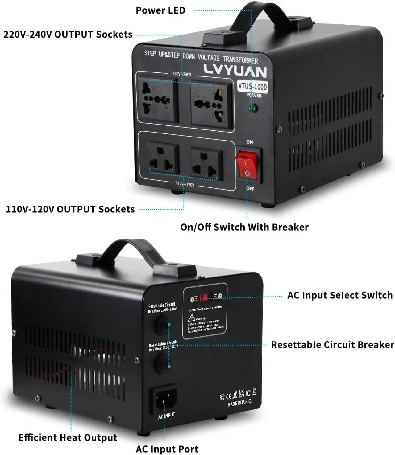 Alt view image 2 of 7 - Voltage Converter Transformer 1000 Watt Step Up/Down Convert from 110V-120V to 220V-240Vt and from 220V-240V to 110V-120V with 2 US outlets, 2 Universal outlets, Resettable Circuit Breaker