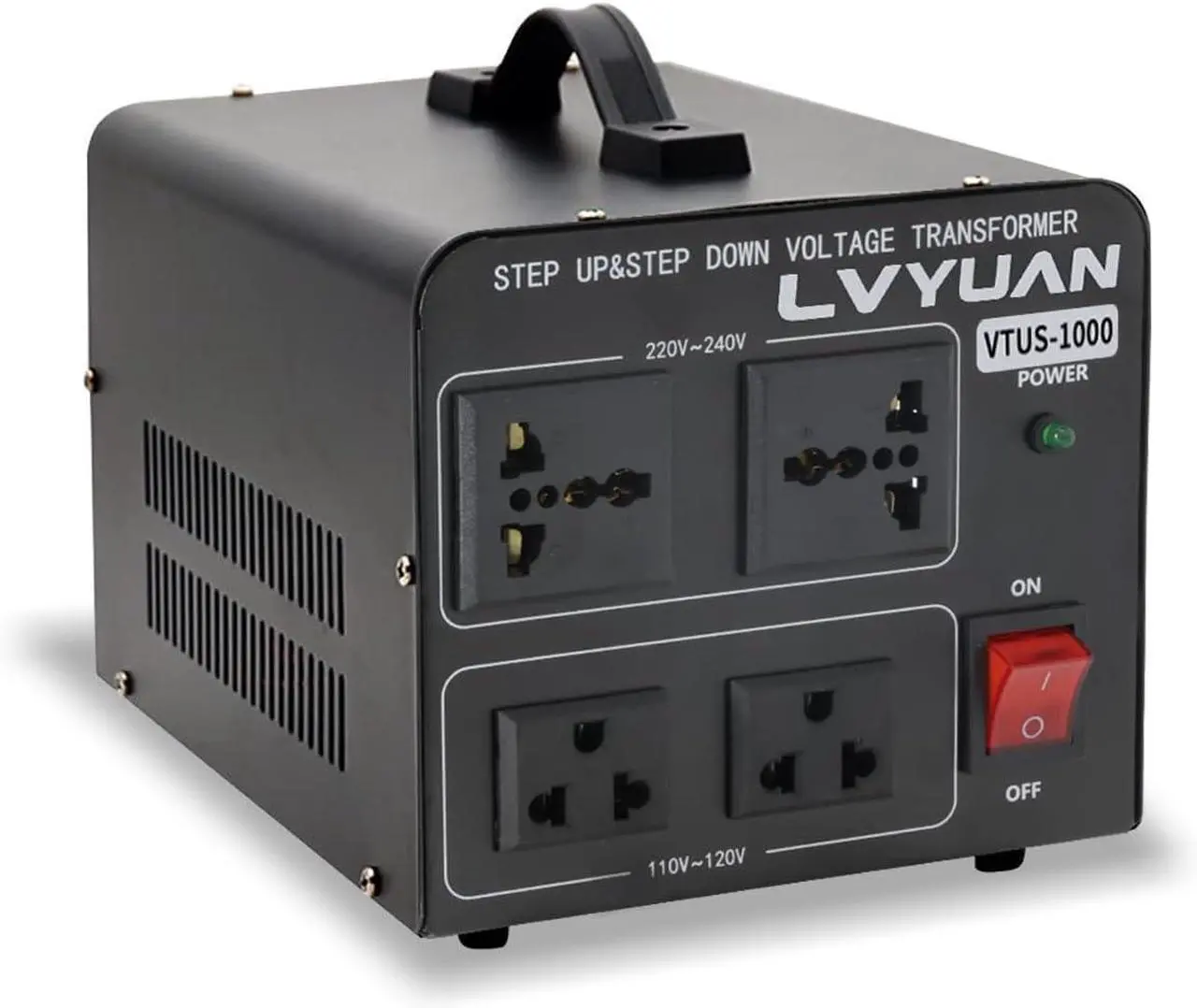 Main image of Voltage Converter Transformer 1000 Watt Step Up/Down Convert from 110V-120V to 220V-240Vt and from 220V-240V to 110V-120V with 2 US outlets, 2 Universal outlets, Resettable Circuit Breaker