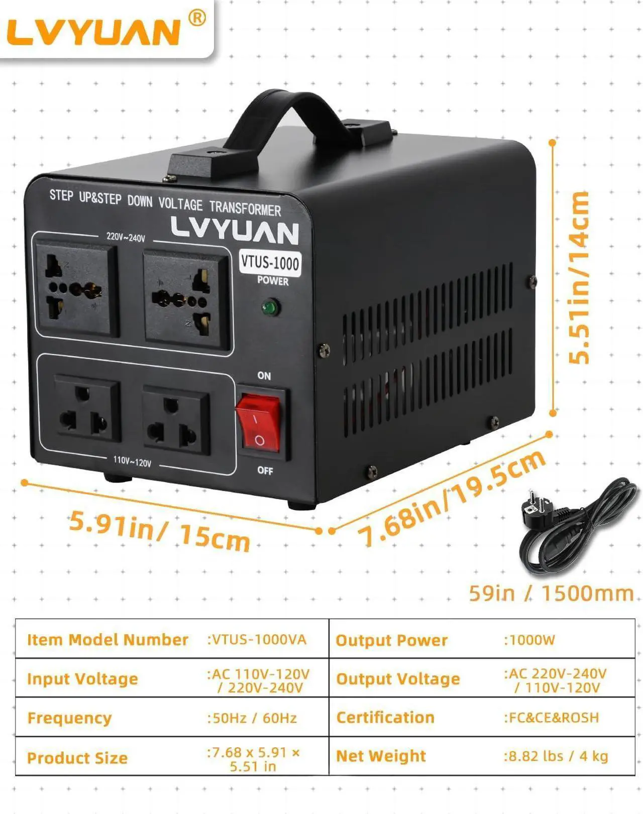 Alt view image 7 of 7 - Voltage Converter Transformer 1000 Watt Step Up/Down Convert from 110V-120V to 220V-240Vt and from 220V-240V to 110V-120V with 2 US outlets, 2 Universal outlets, Resettable Circuit Breaker