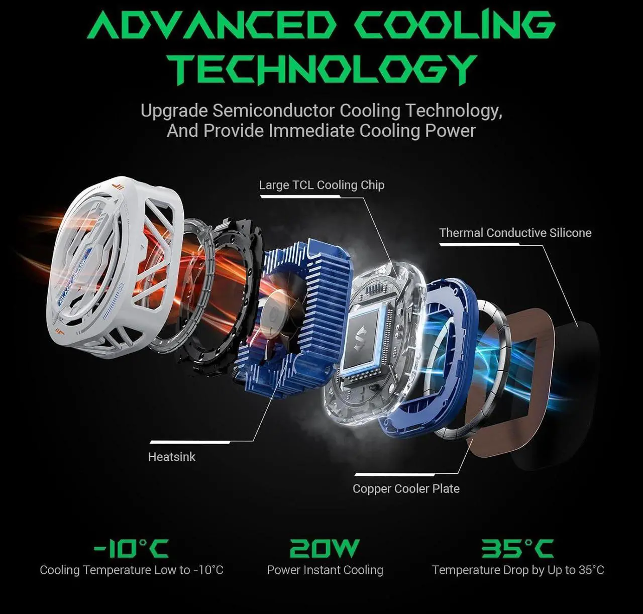 Alt view image 2 of 7 - Black Shark Magnetic Cell Phone Cooler, RGB Phone Cooling Fan Portable Lightweight Mobile Phone Cooling Fan, Phone Radiator with Larger Cooling Area for Phone/Tablet/IPad (White)
