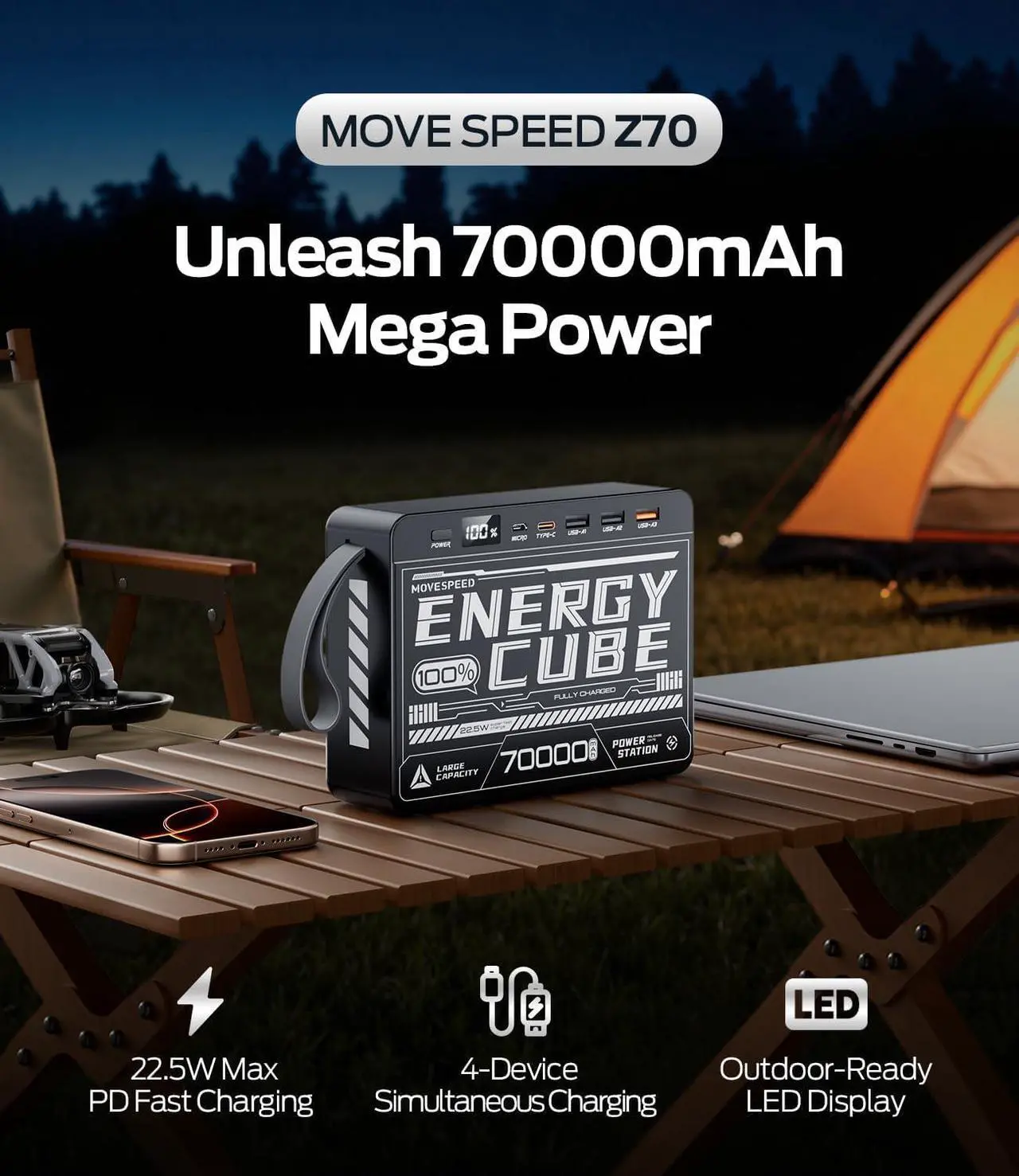 Alt view image 3 of 7 - MOVE SPEED 2025 Upgrade 70000mAh Power Bank High Capacity, 22.5W Max PD 3.0 Fast Charging, Large Power Bank,4 Outputs 2 Inputs,LED Display,USB-C Battery Packs for iPhone, Samsung,Camping,Travel