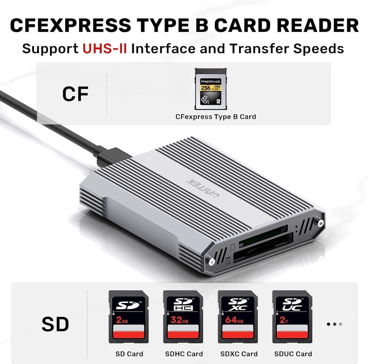 Alt view image 2 of 7 - Type B and SD4.0 UHS-II Dual-Slot Memory Card Reader, 10Gbps USB 3.2 Gen 2, CF Express Reader for CFexpress Type B/SD/SDHC/SDXC/SDUC, Plug and Play, Compatible with Windows/Mac/Linux/Android
