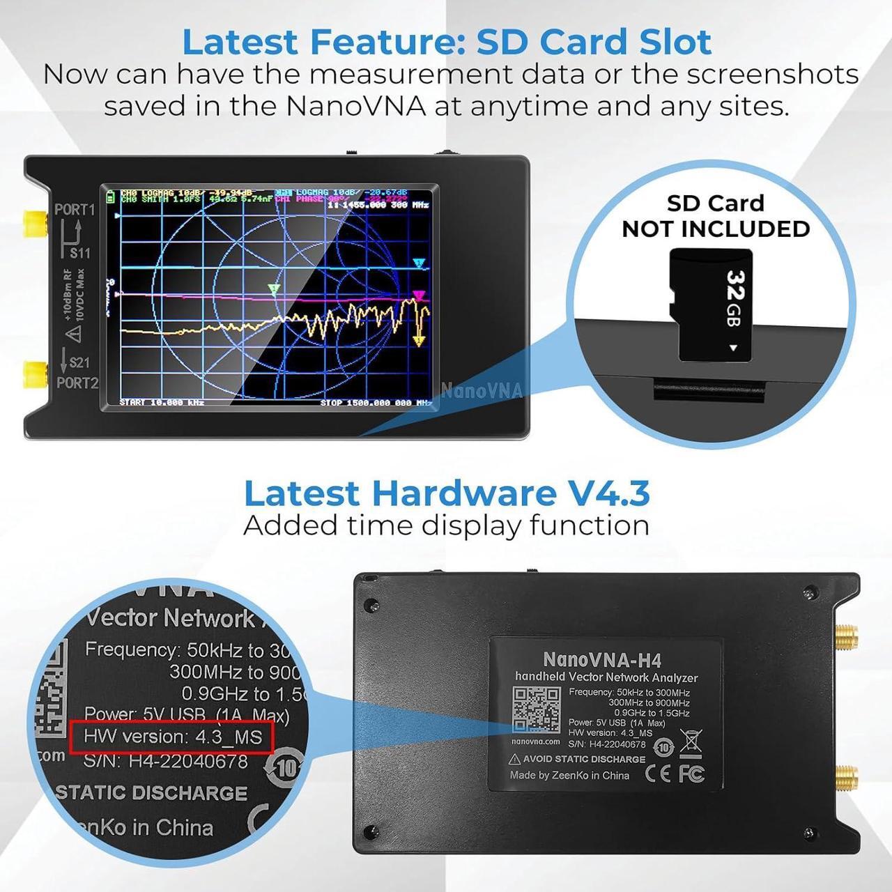 Alt view image 2 of 7 - Upgrated NanoVNA-H4 Vector Network Analyzer, Lastest V4.3 10KHz-1.5GHz HF VHF UHF 4" Touch Screen VNA Antenna Analyzer Ham Radio, Measuring S Parameters, SWR, Phase, Delay, Smith Chart