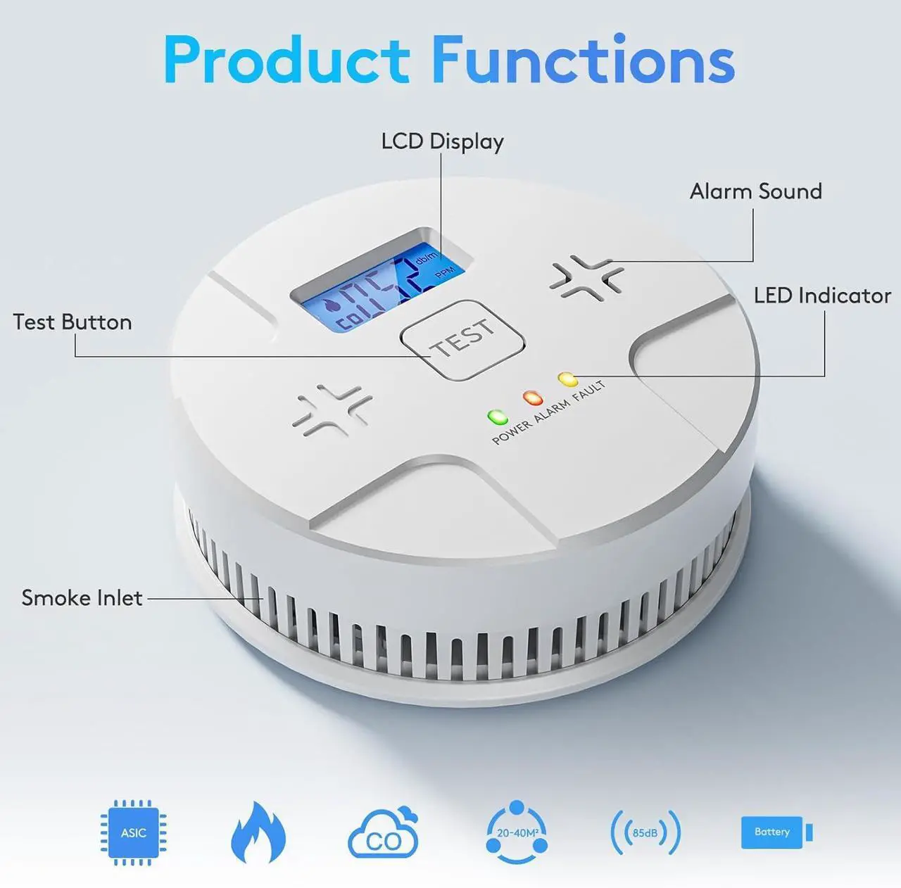 Alt view image 2 of 7 - 6 Packs,2 in 1 Technology, Smoke,Carbon Monoxide Detector, Co Alarm,85db Alert,LCD Readout,3 Color LED Indication,(Green Light Blinking at Work), with 3 AA Batteries,Easy Install,for Home and Kitchen