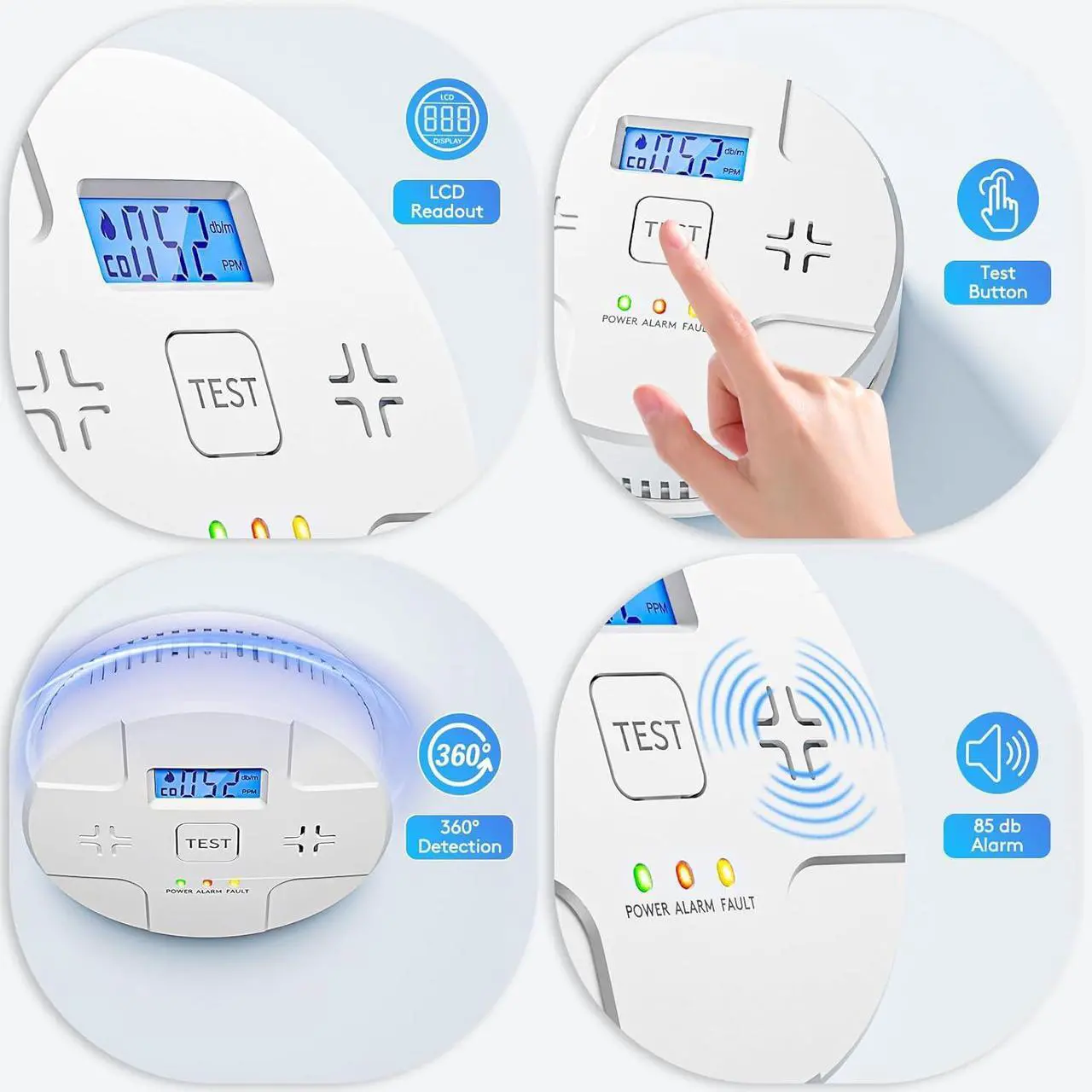 Alt view image 3 of 7 - 6 Packs,2 in 1 Technology, Smoke,Carbon Monoxide Detector, Co Alarm,85db Alert,LCD Readout,3 Color LED Indication,(Green Light Blinking at Work), with 3 AA Batteries,Easy Install,for Home and Kitchen