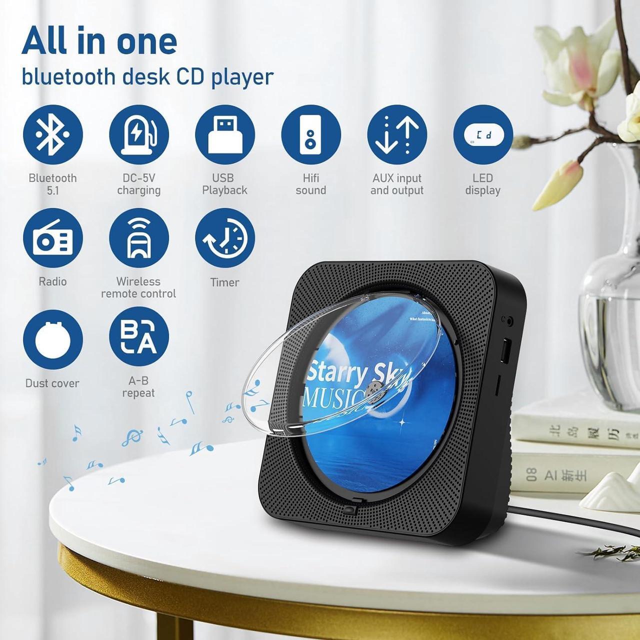 Alt view image 6 of 7 - CD Player Portable Bluetooth 5.1 Desktop CD Player with HiFi Sound Speakers,Remote Control,Dust Cover,LED Display,Boombox FM Radio,USB/AUX for Home,Kids (Black)