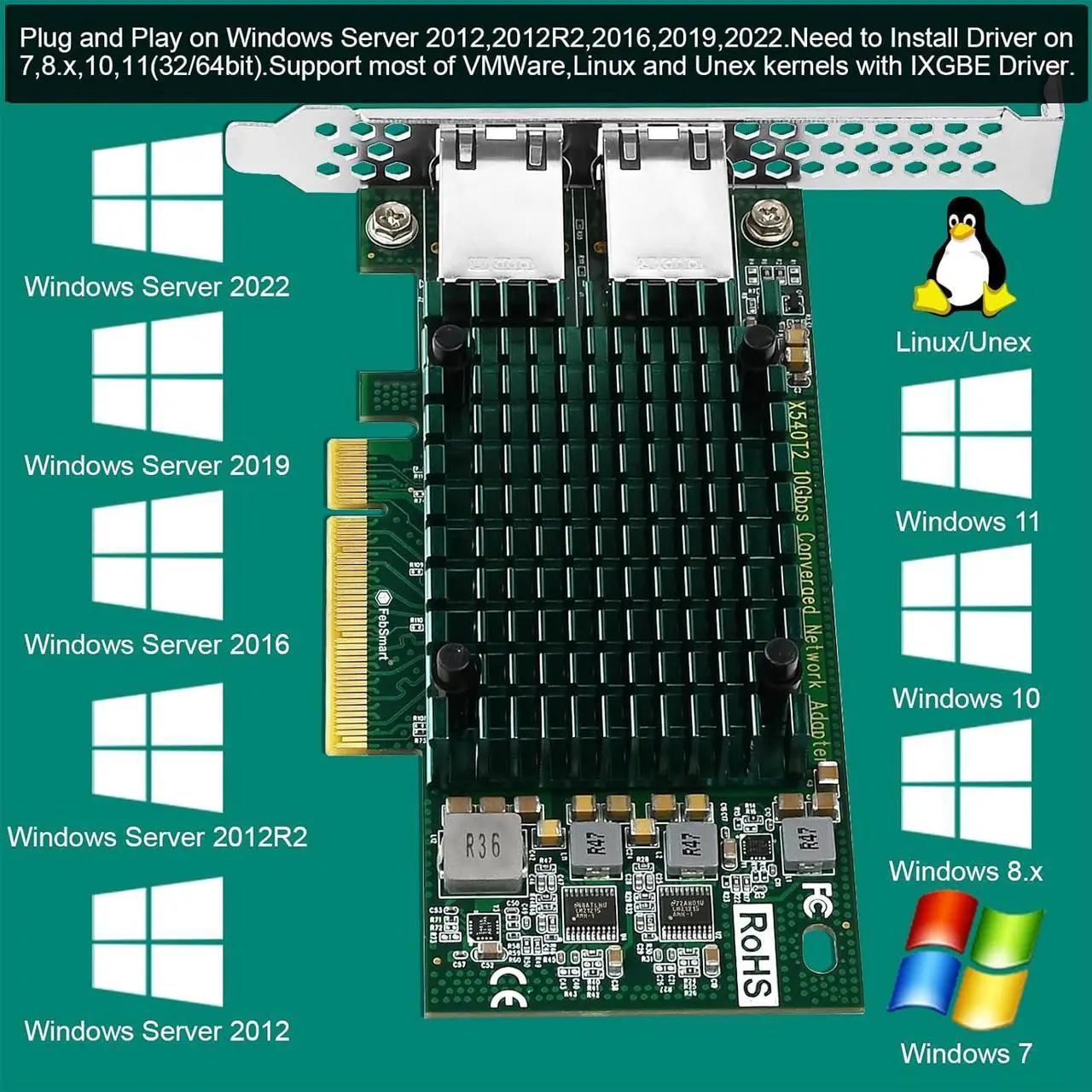 Alt view image 3 of 7 - PCIE X8 Interface to 2X 10Gbps RJ45 Ports Network Adapter,  X540-AT2 Ethernet Controller, 2X 10GbE RJ45 Interface PCIE NIC Card, PCI Express 10GbE Converged Network Adapter (X540T2)