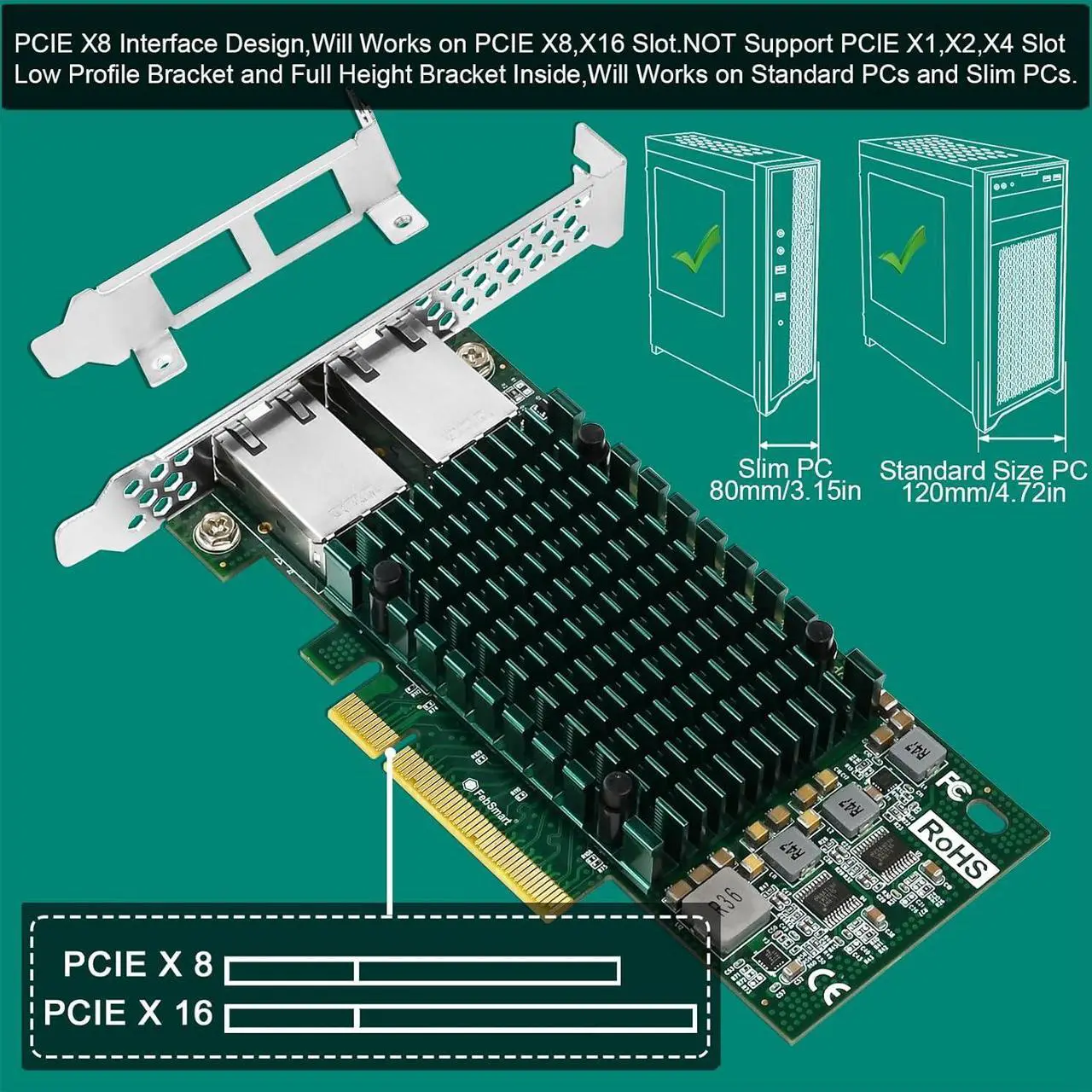 Alt view image 7 of 7 - PCIE X8 Interface to 2X 10Gbps RJ45 Ports Network Adapter,  X540-AT2 Ethernet Controller, 2X 10GbE RJ45 Interface PCIE NIC Card, PCI Express 10GbE Converged Network Adapter (X540T2)