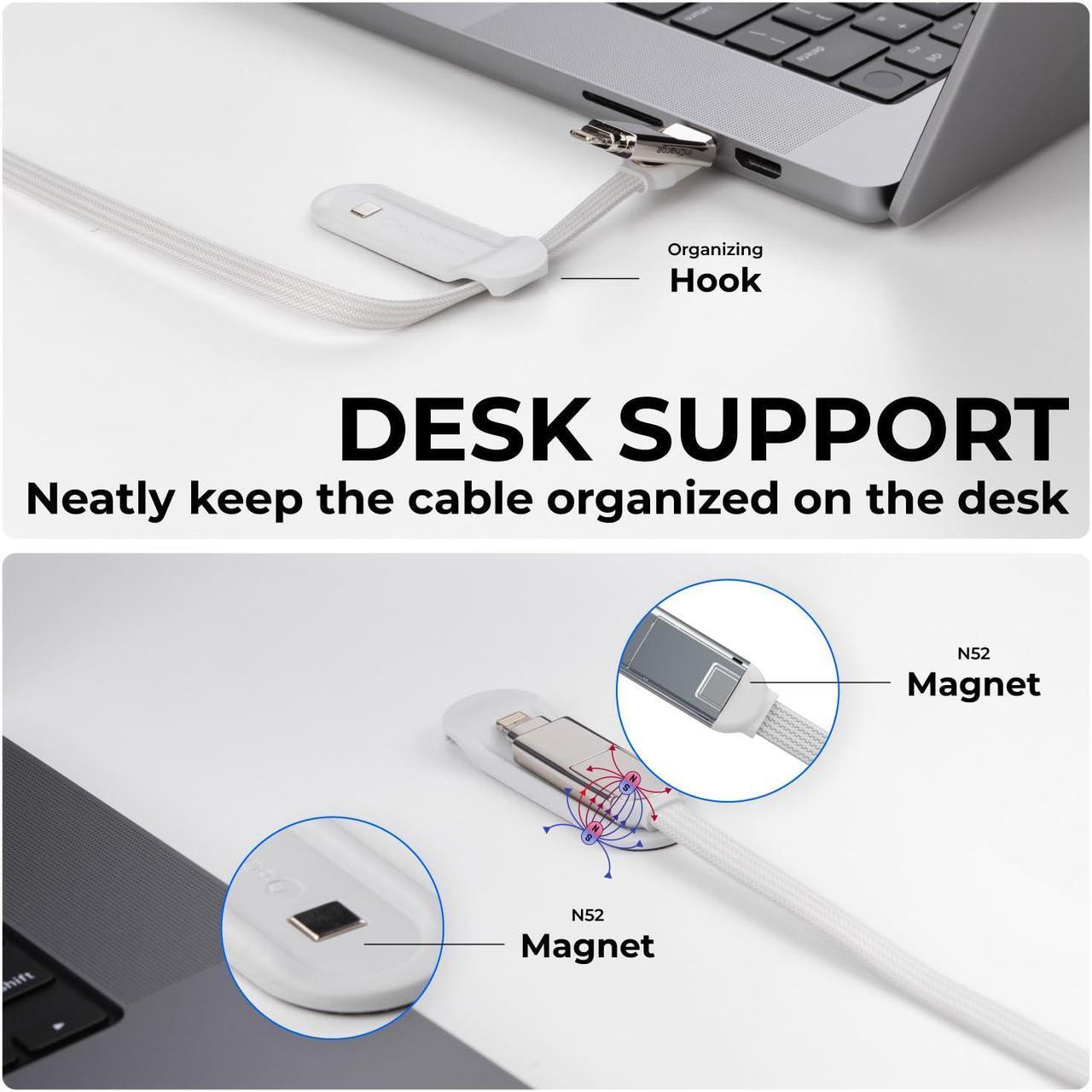 Alt view image 5 of 5 - Rolling Square inCharge XL 6-in-1 Multi Charging Cable, Portable USB and USB-C Cable with 100W Ultra-Fast Charging Power, 10 Ft/3m, Glacier White