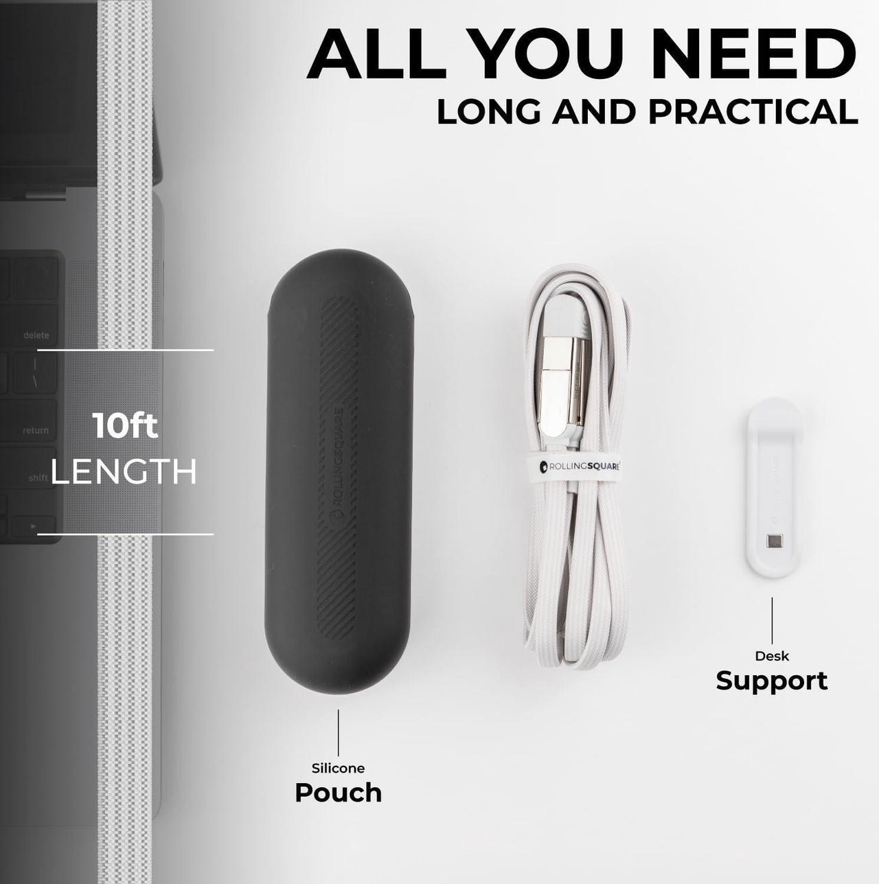 Alt view image 4 of 5 - Rolling Square inCharge XL 6-in-1 Multi Charging Cable, Portable USB and USB-C Cable with 100W Ultra-Fast Charging Power, 10 Ft/3m, Glacier White