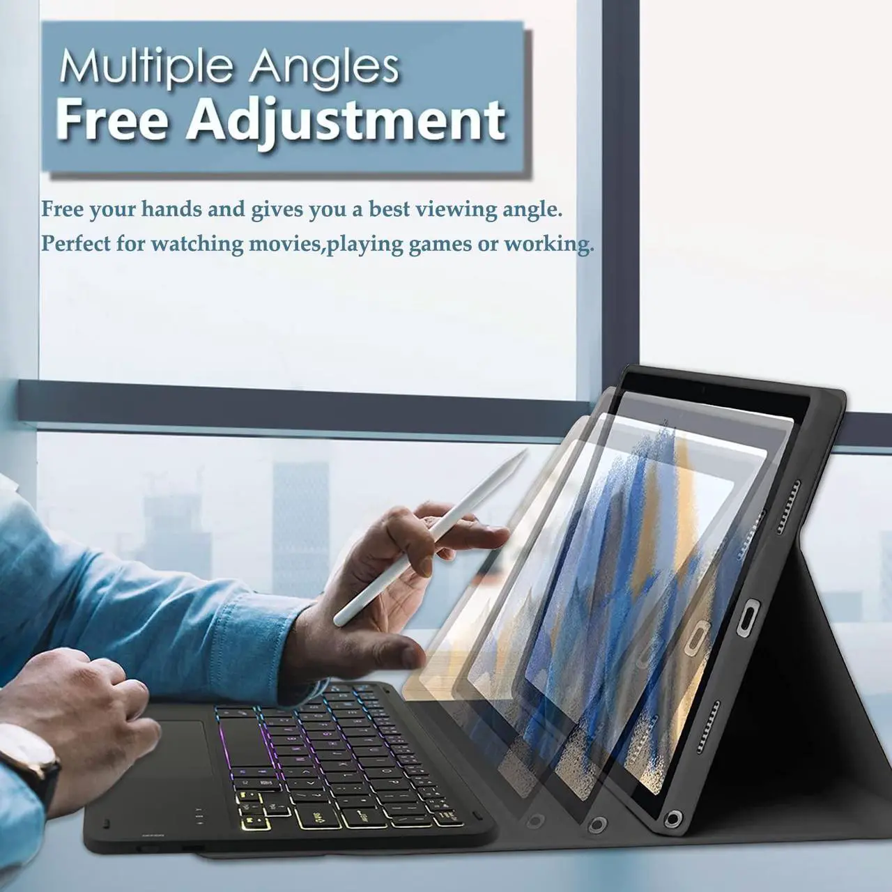 Alt view image 4 of 5 - DKAHOEE Backlit Touchpad Keyboard Case for Xiaomi Redmi Pad SE 11 inch 2023, 3-Zone Backlit Wireless Trackpad Keyboard with Protective Slim Stand Cover Case for 11" Redmi Pad SE 2023 Release