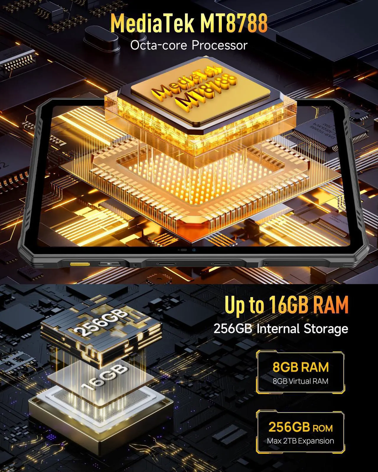 Alt view image 5 of 5 - Ulefone Armor Pad 3 Pro Rugged Tablet 4G, 33280mAh(66W), 10.36" 2K Display, IP68/69K, 50MP + 32MP, Dual 1100LM LED Lights, 16GB + 256GB Android 13, uSmart Expansion Connector, HDMI Port, NFC