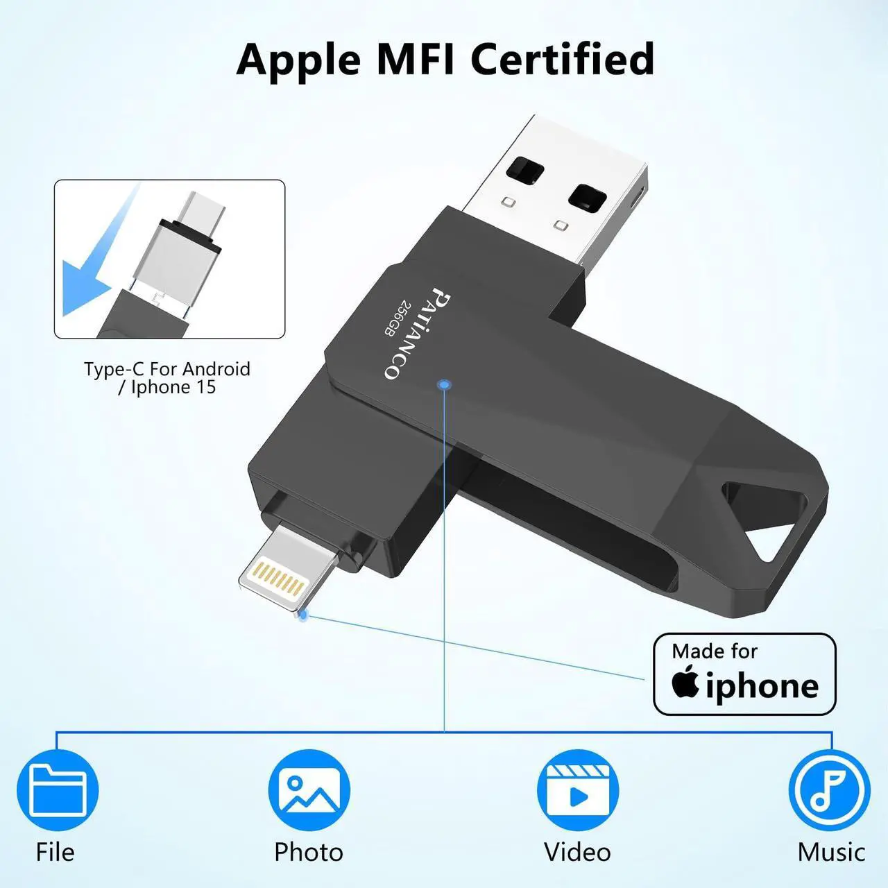 Alt view image 2 of 5 - Apple MFi Certified Photo Stick for iPhone 512GB Flash Drive for iPhone, USB Flash Drive for iPhone Thumb Drive, iPhone-Memory-Stick for iPad/iPhone/Computer Picture Keeper Portable Hard Drive-Black