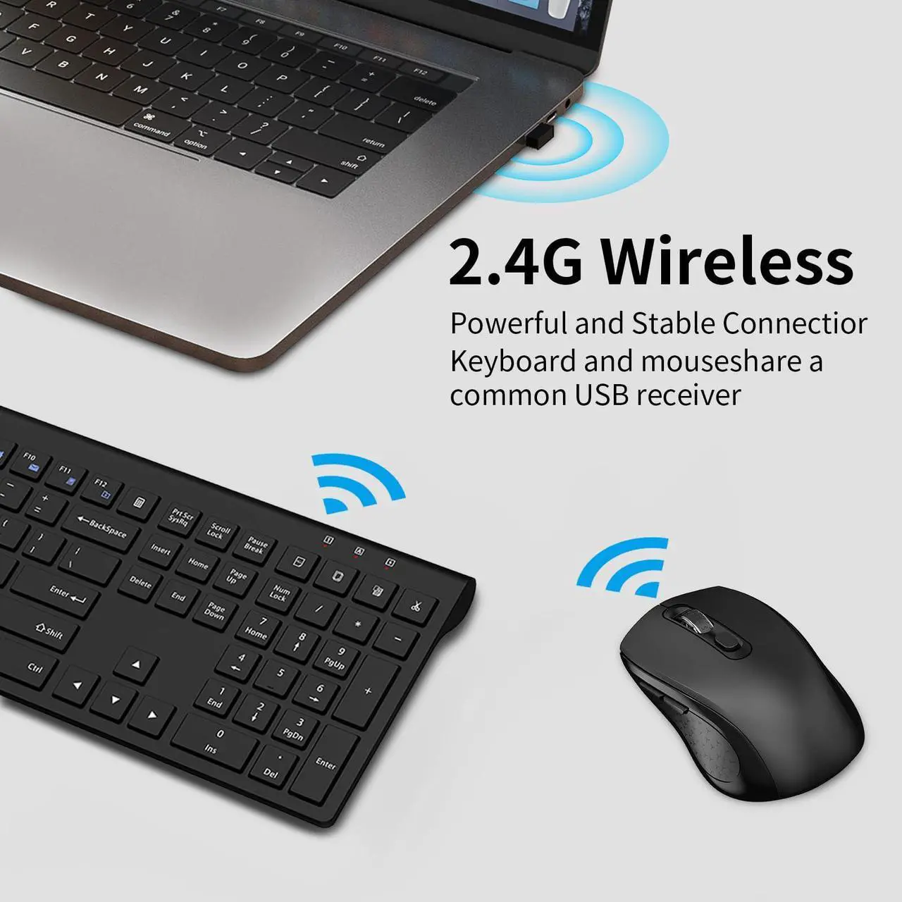 Alt view image 2 of 5 - Wireless Keyboard and Mouse Combo, Slim Full Size Keyboard with Calculator Button, Fn Lock, Silent Computer Mouse with Side Button, 2400 DPI, 2.4G USB Cordless Set for Laptop PC Windows Mac - Black
