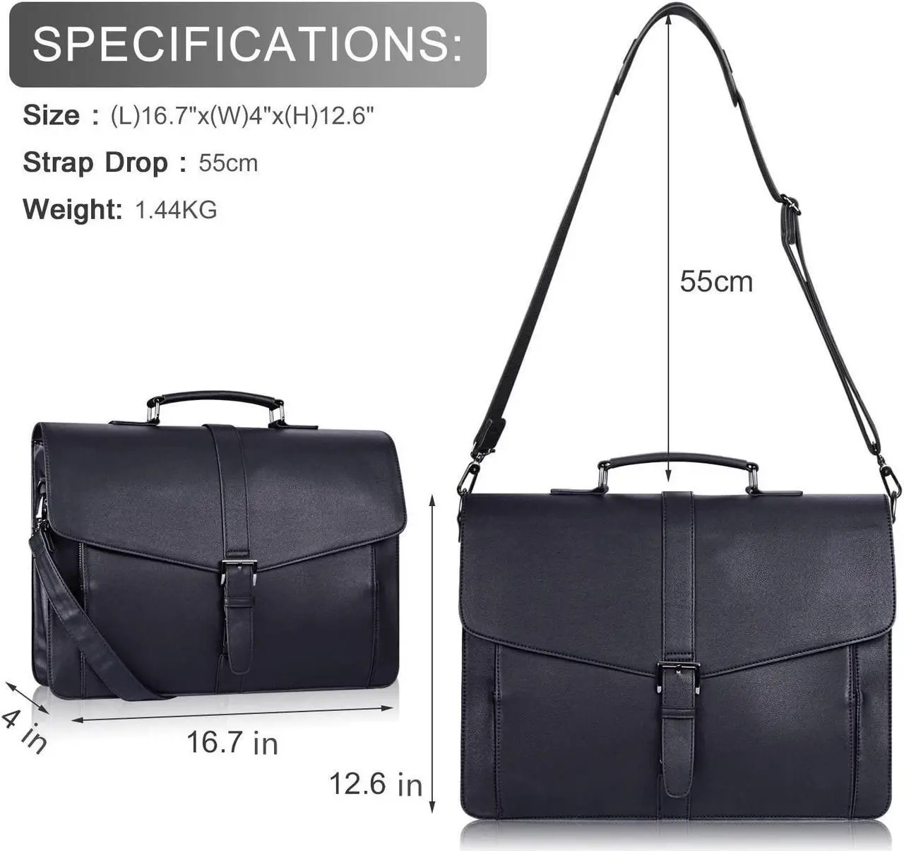 Alt view image 3 of 5 - ESTARER Men's Leather Briefcase 15.6 Inch Laptop Computer Bag for Office/Business/Travel, Large Satchel Professional Pu Leather Messenger Shoulder Bag, Black