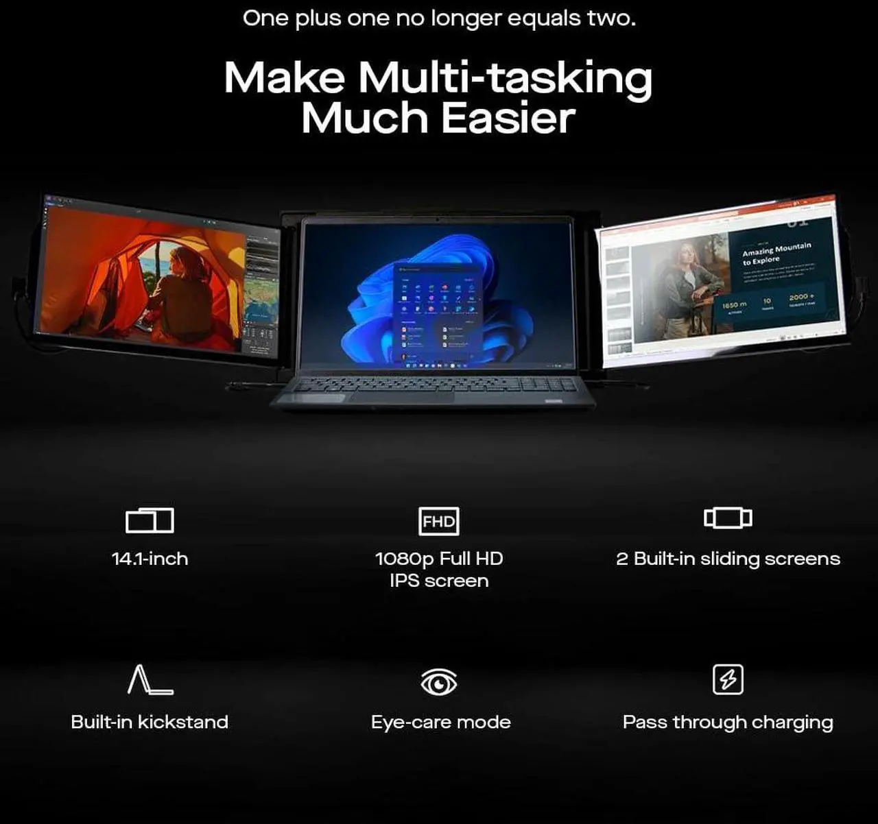 Alt view image 2 of 5 - Trio Max 14.1" Mobile Pixels Portable Laptop Monitor(2025 Version), FHD IPS Triple Monitor with Built-in Kickstand, Type-C/USB A Laptop Screen Extender(Optional Magnets), Windows/Android/macOS/Switch