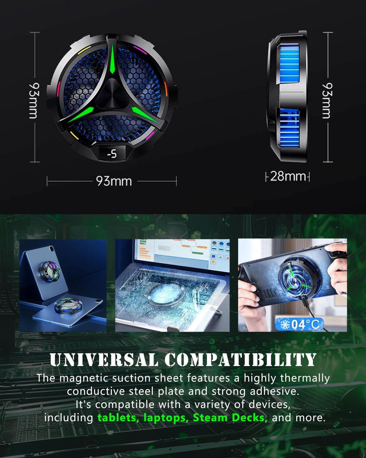 Alt view image 3 of 5 - ACEDAYS Magnetic Cooler for iPad,Tablet Cooler for ipad/Surface pro/Samsung Tab,Universal Radiator with Temperature Display for Mobile Gaming,Tiktok Live Streaming (Green Mech)