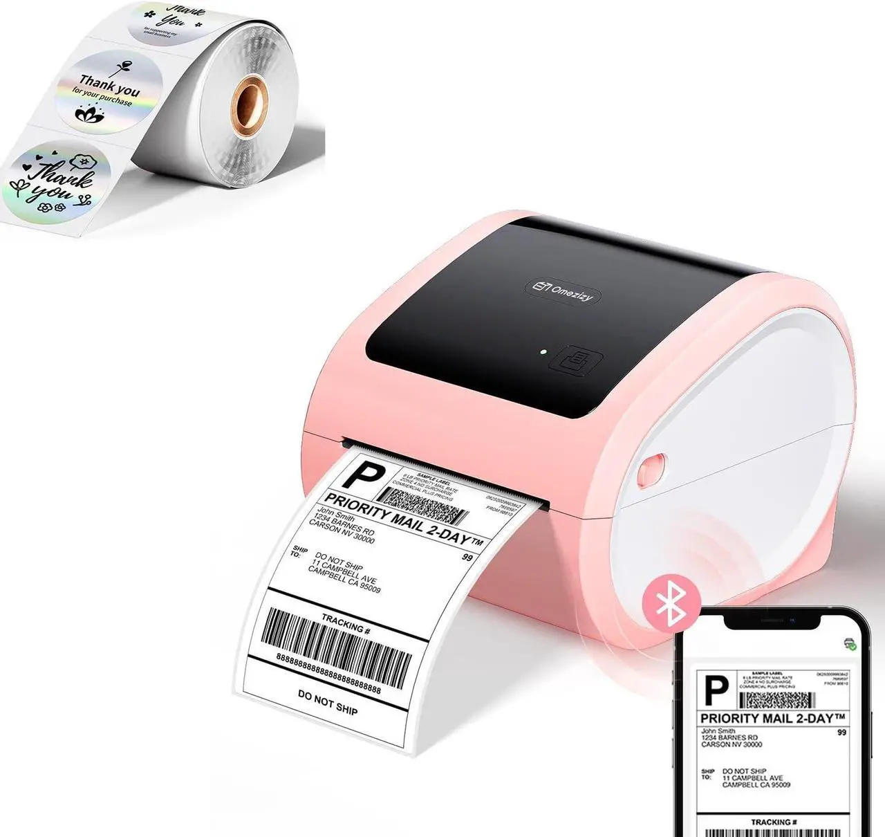 Main image of Omezizy D520BT Bluetooth Shipping Label Printer and 1 Roll 2'' Holographic Sliver 400pcs Round Thermal Printer Labels, Wireless Thermal Label Printer for Small Business