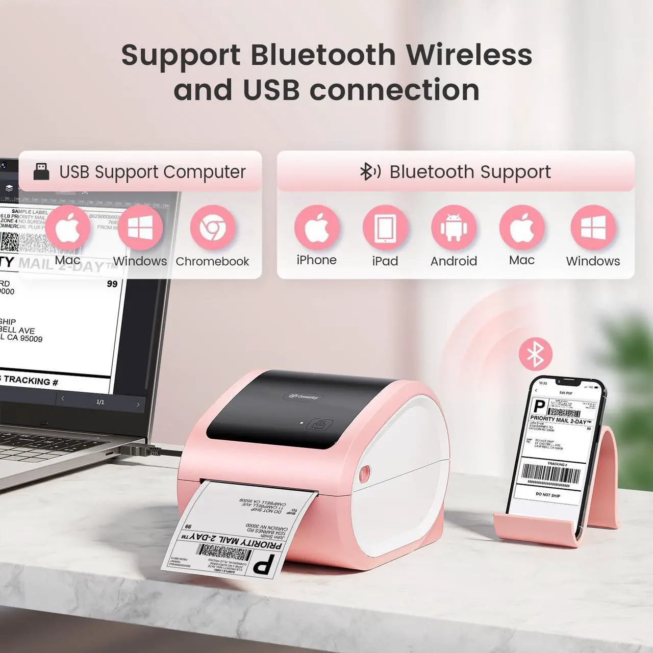Alt view image 2 of 5 - Omezizy D520BT Bluetooth Shipping Label Printer and 1 Roll 2'' Holographic Sliver 400pcs Round Thermal Printer Labels, Wireless Thermal Label Printer for Small Business